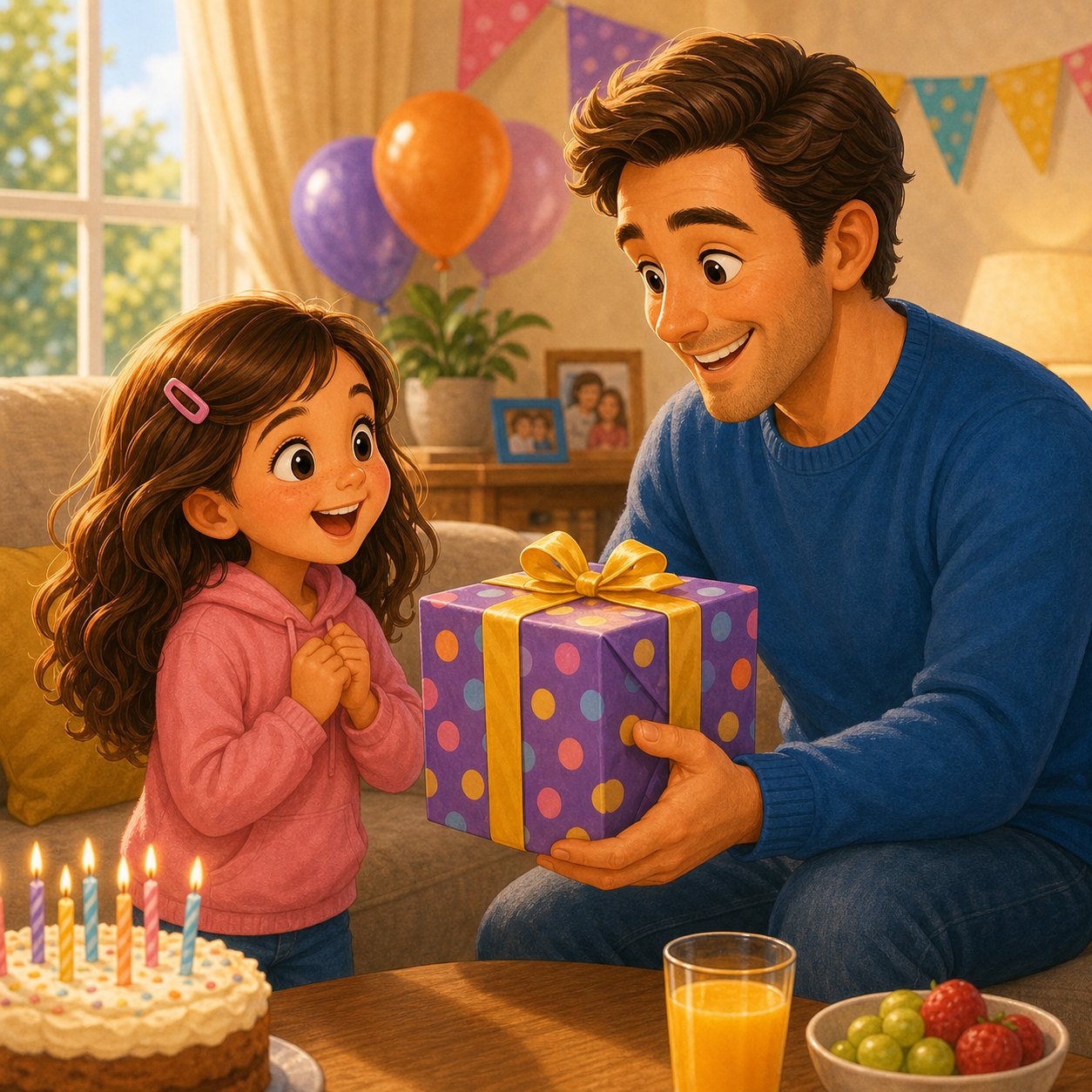 Padre regalando una caja a su hija en casa