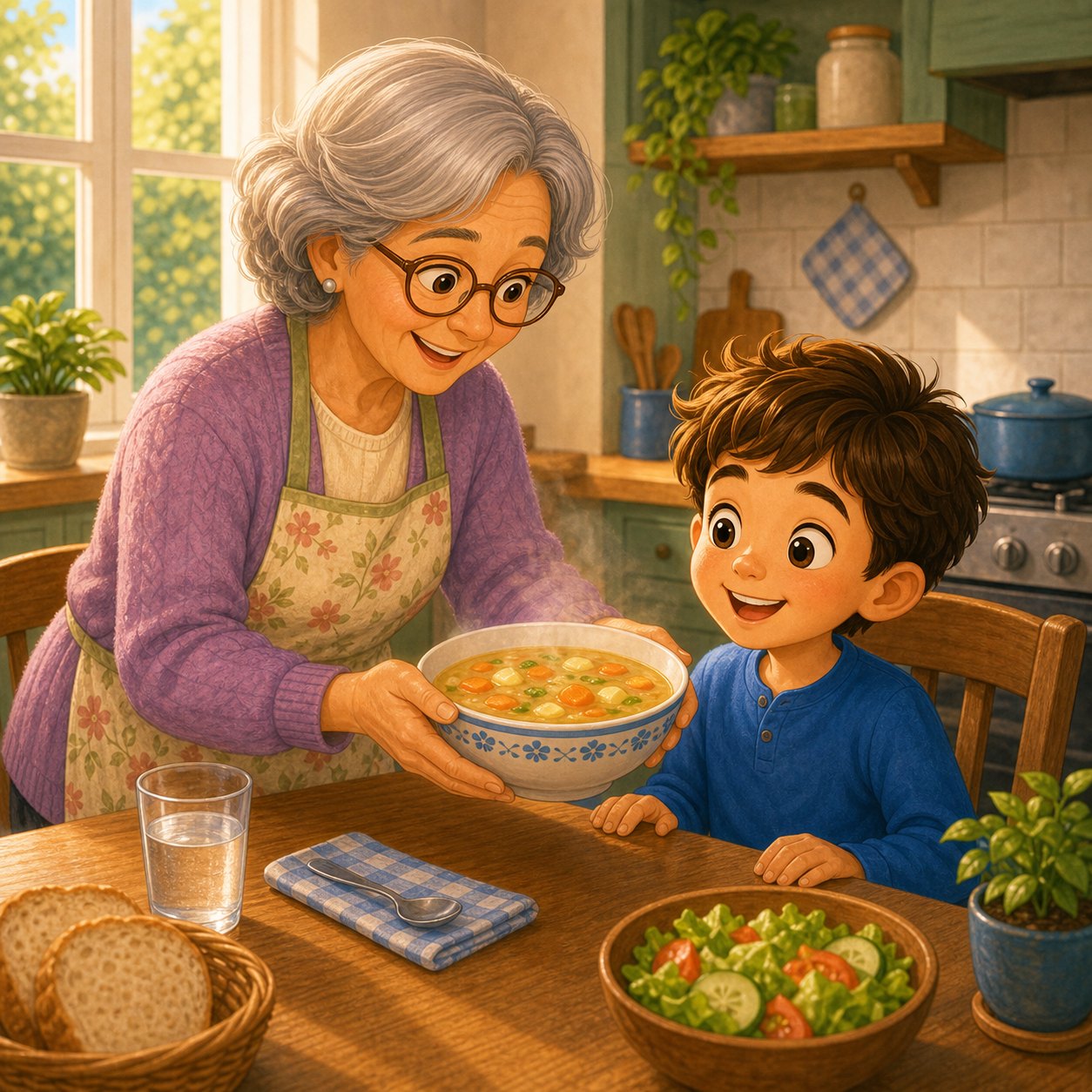 Abuela sirviendo sopa a su nieto en la cocina