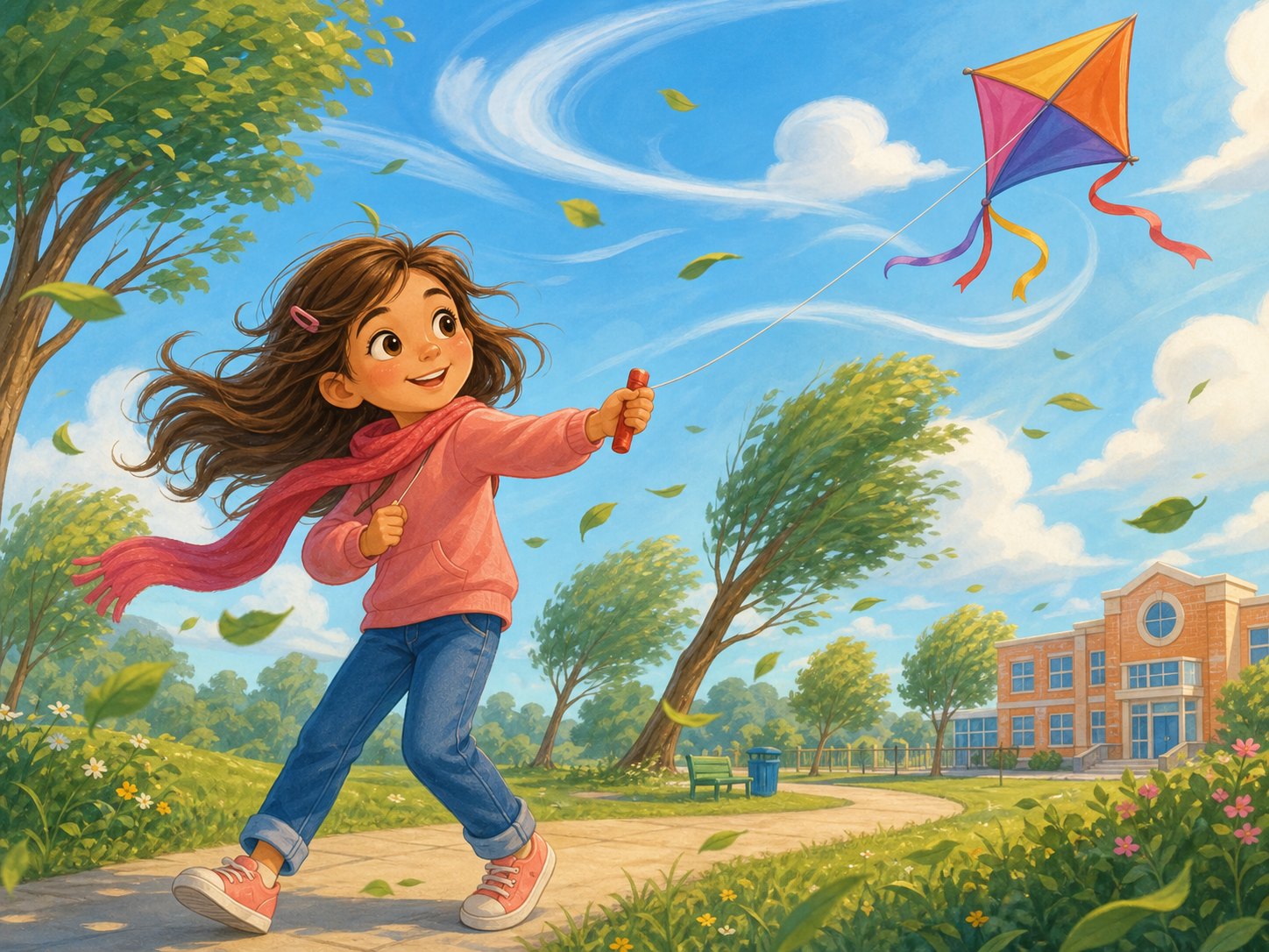 Parque con viento y una cometa