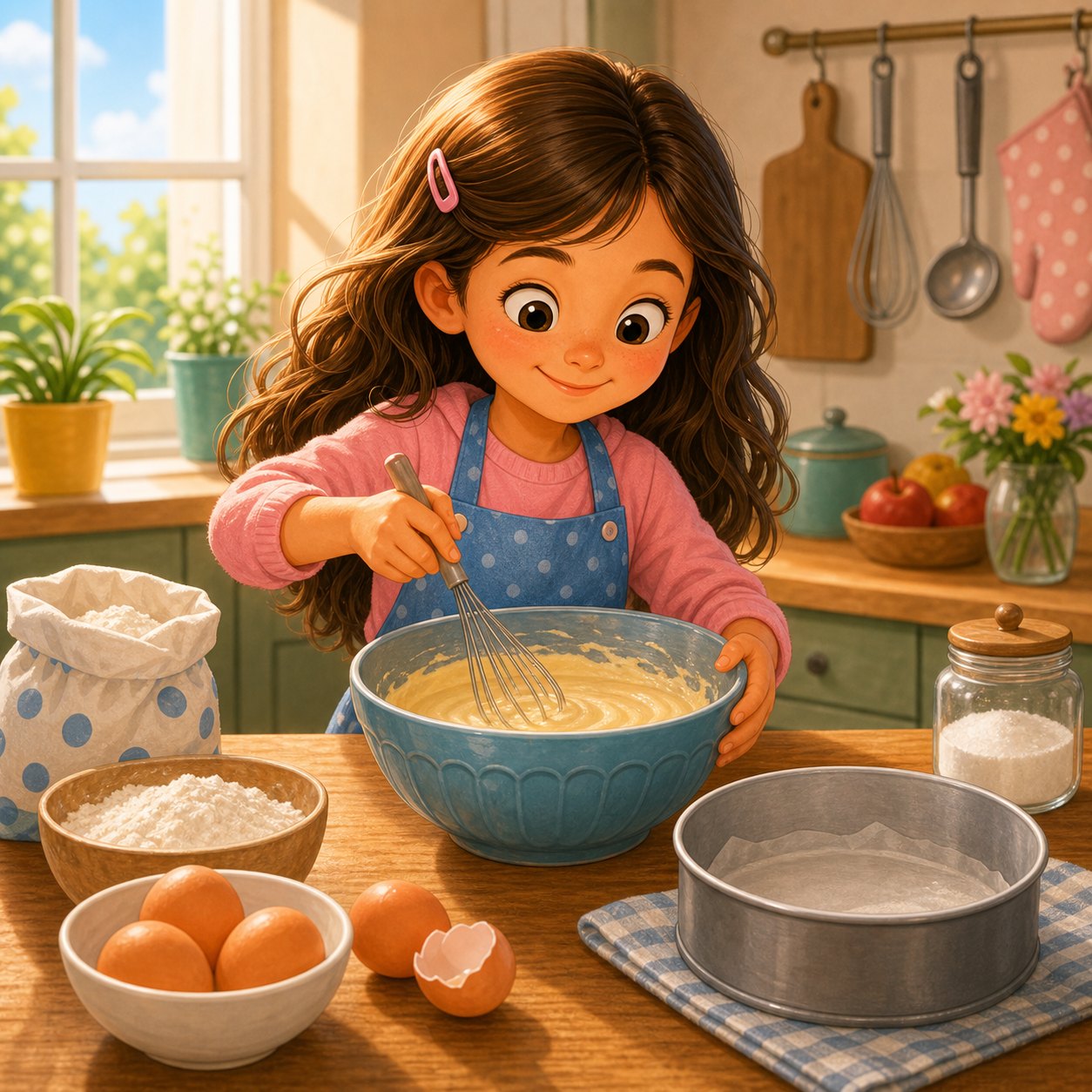Child preparing to make a cake in a kitchen