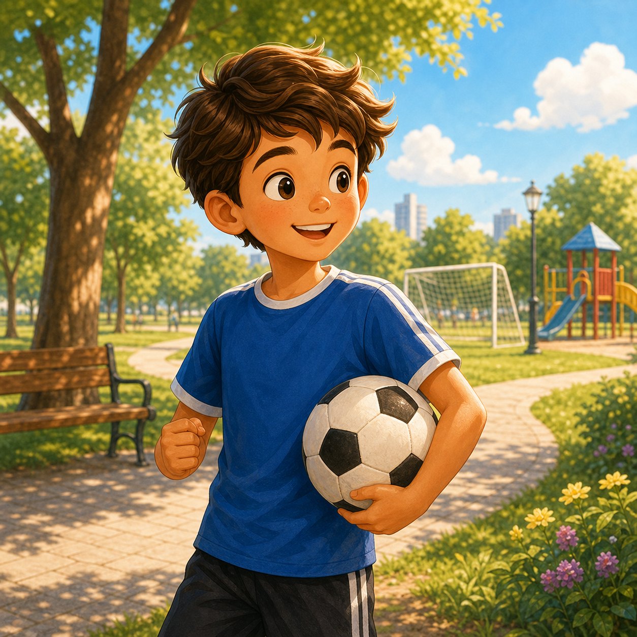 Boy ready to play football in a park
