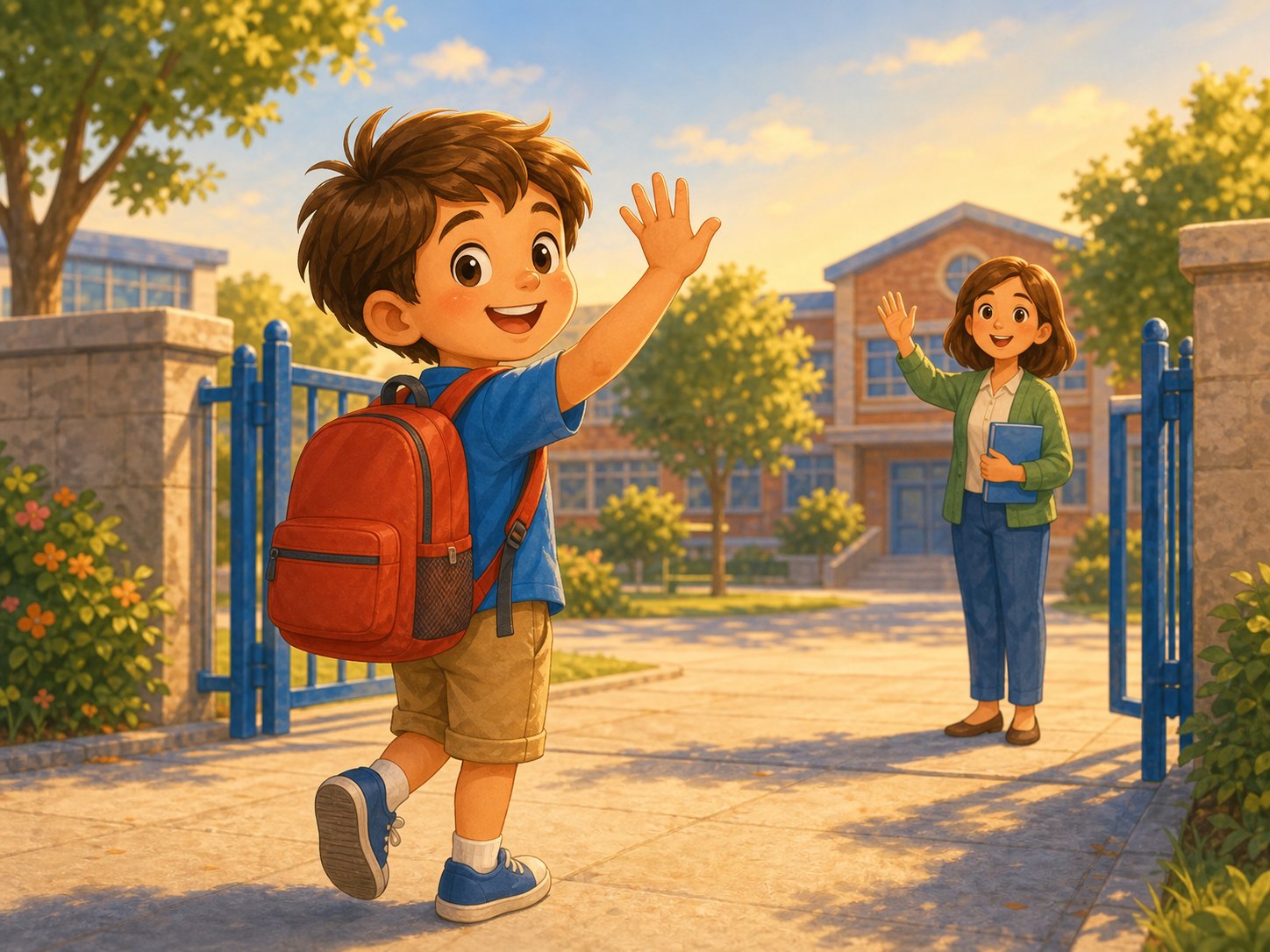 A child waving goodbye after school