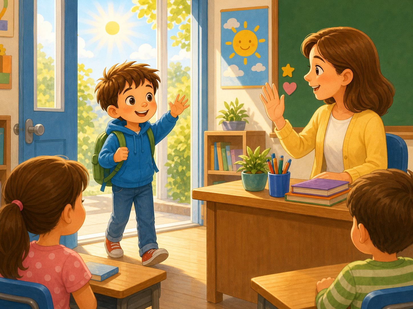 A child saying good morning in class