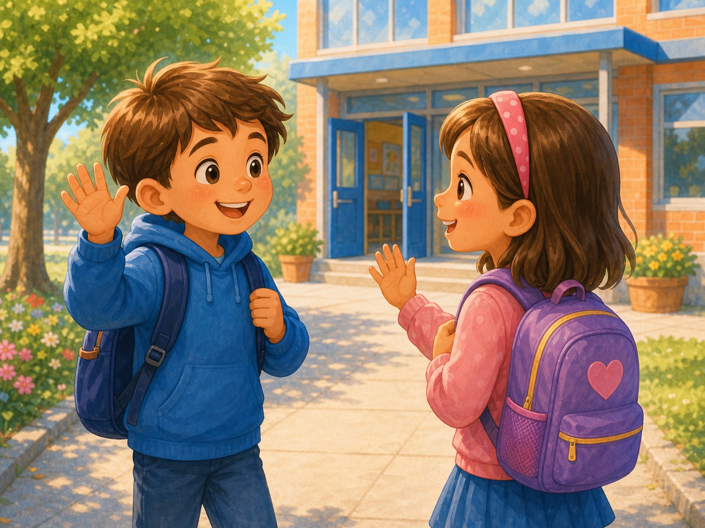 Two children greeting each other at school