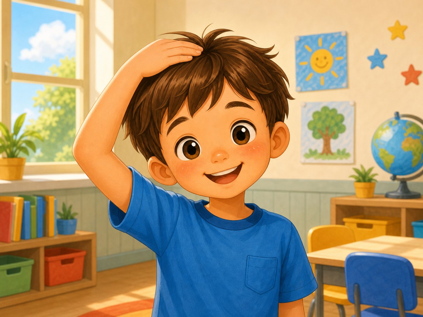 A child touching their head