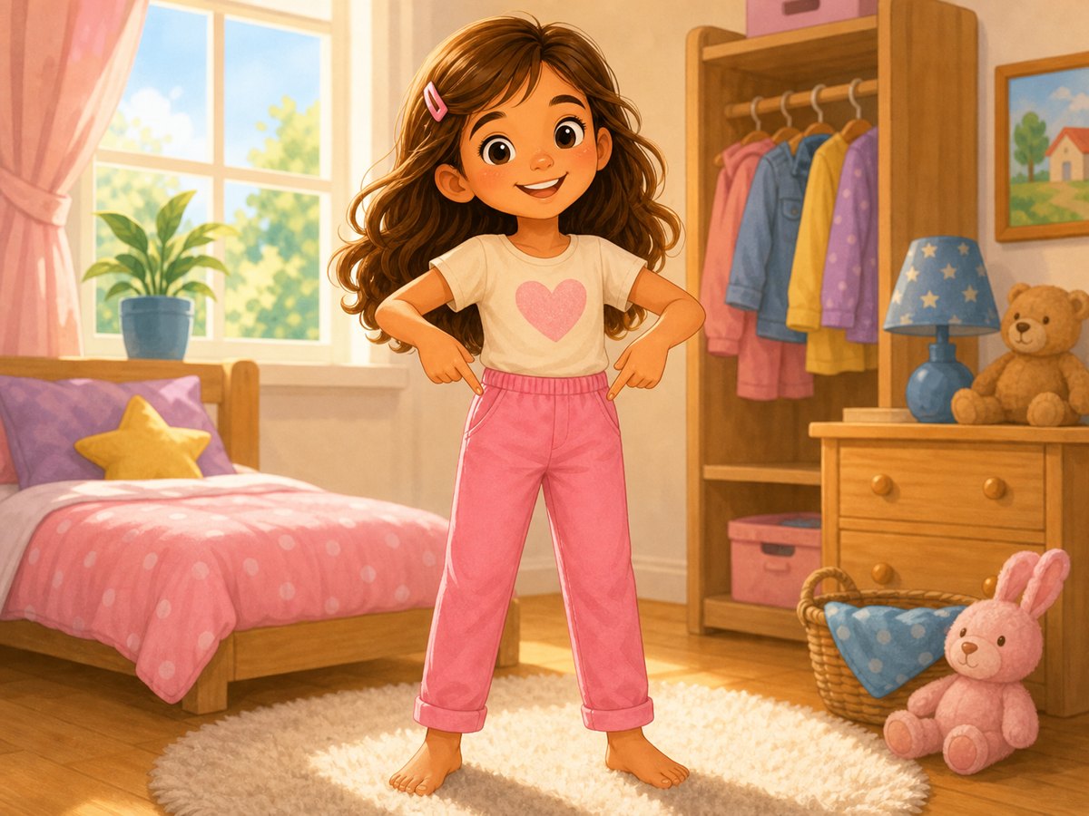 A child showing pink pants