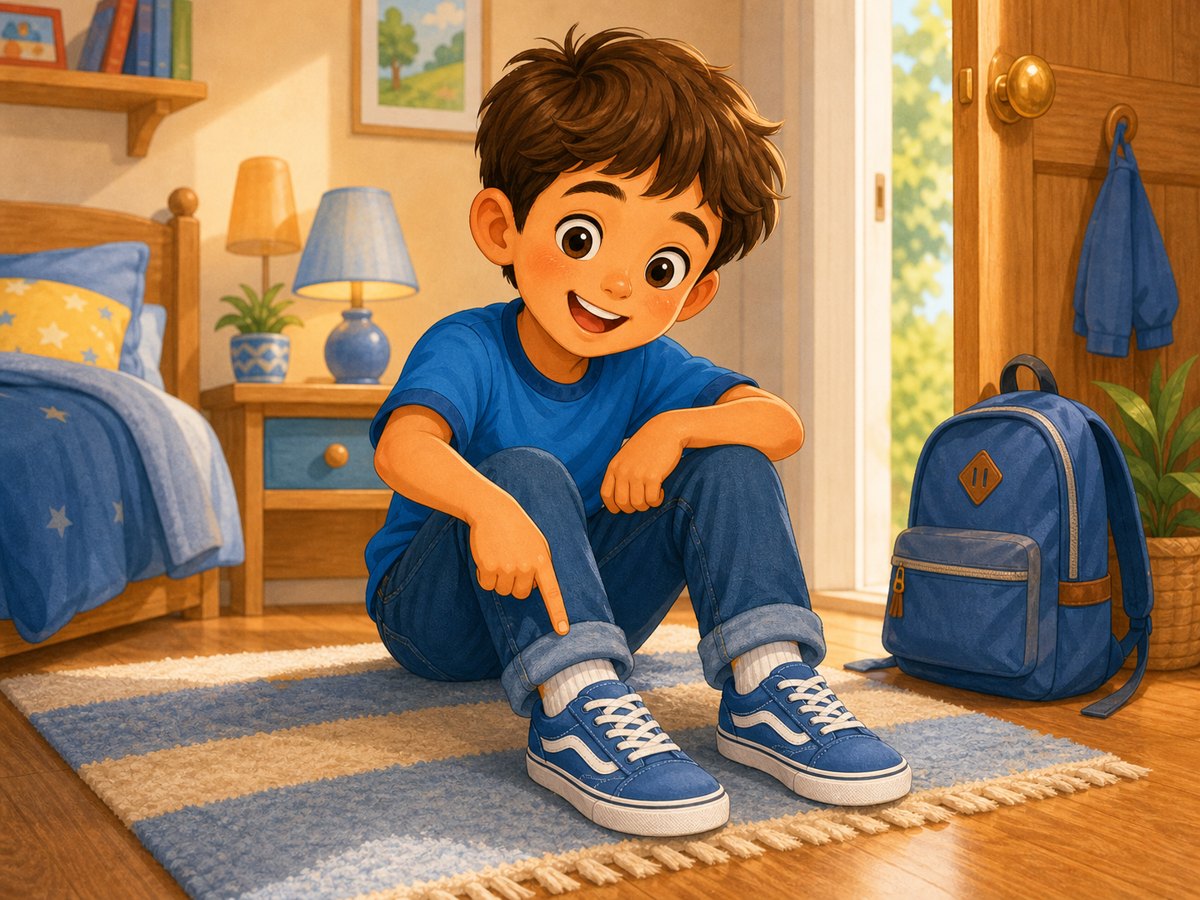 A child pointing to shoes