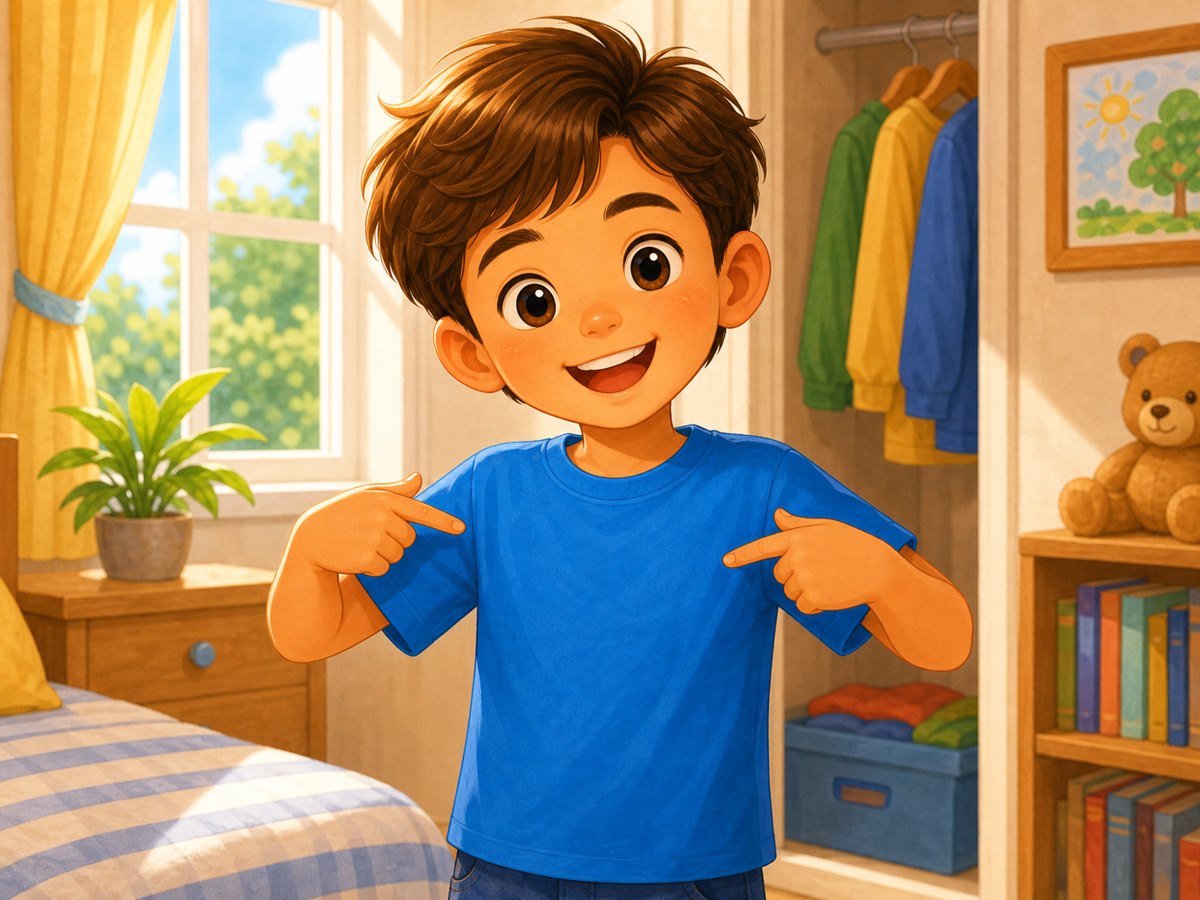 A child pointing to a blue T-shirt