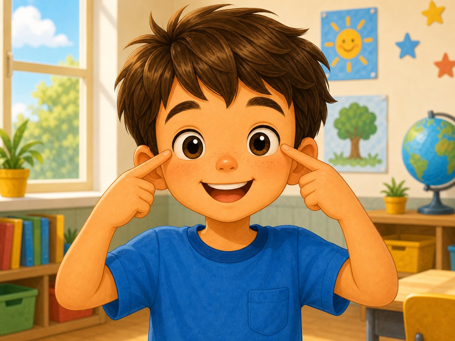 A child pointing to both eyes