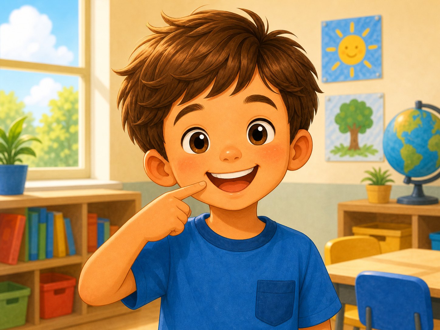 A child pointing to the mouth