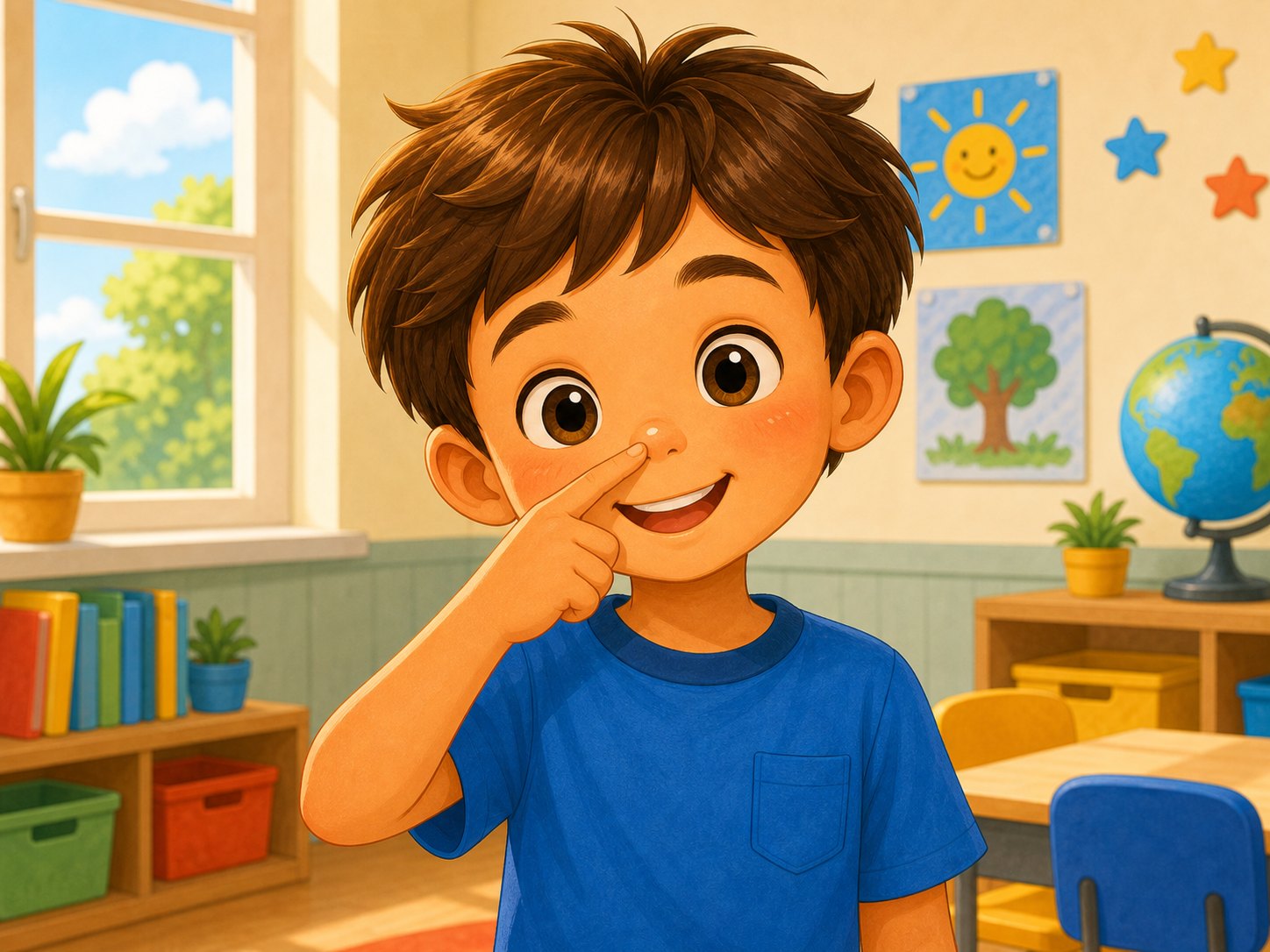 A child pointing to the nose