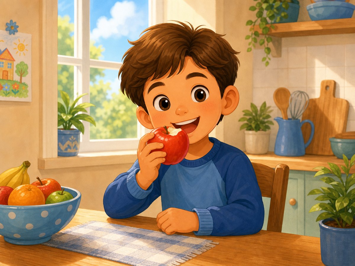 A child happily eating an apple