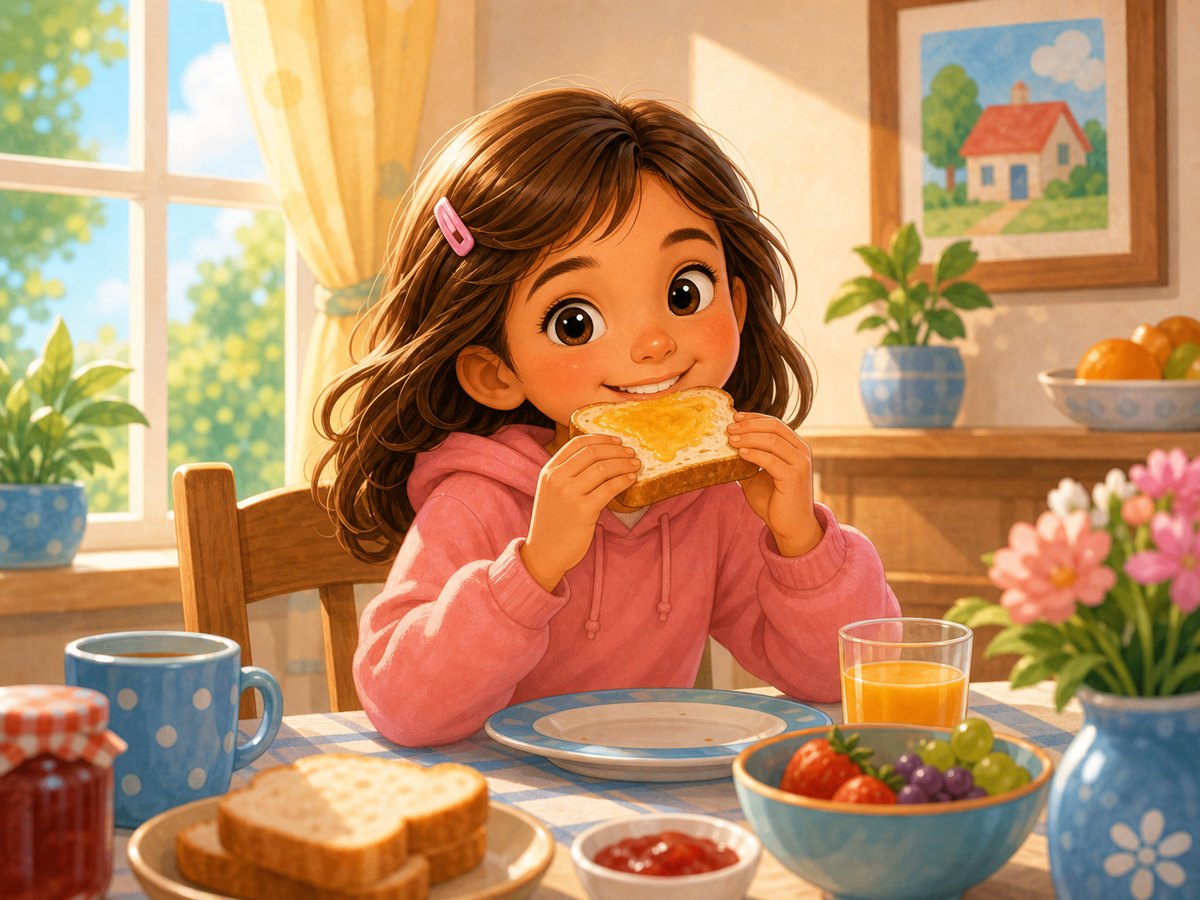 A child happily eating bread