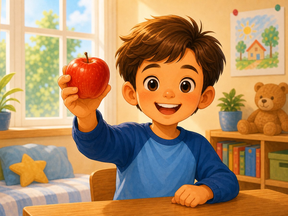 A child showing one apple