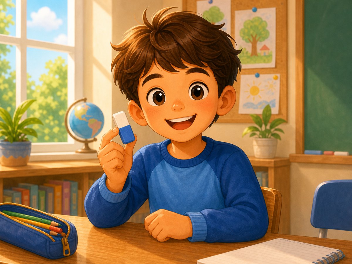 A child showing one eraser