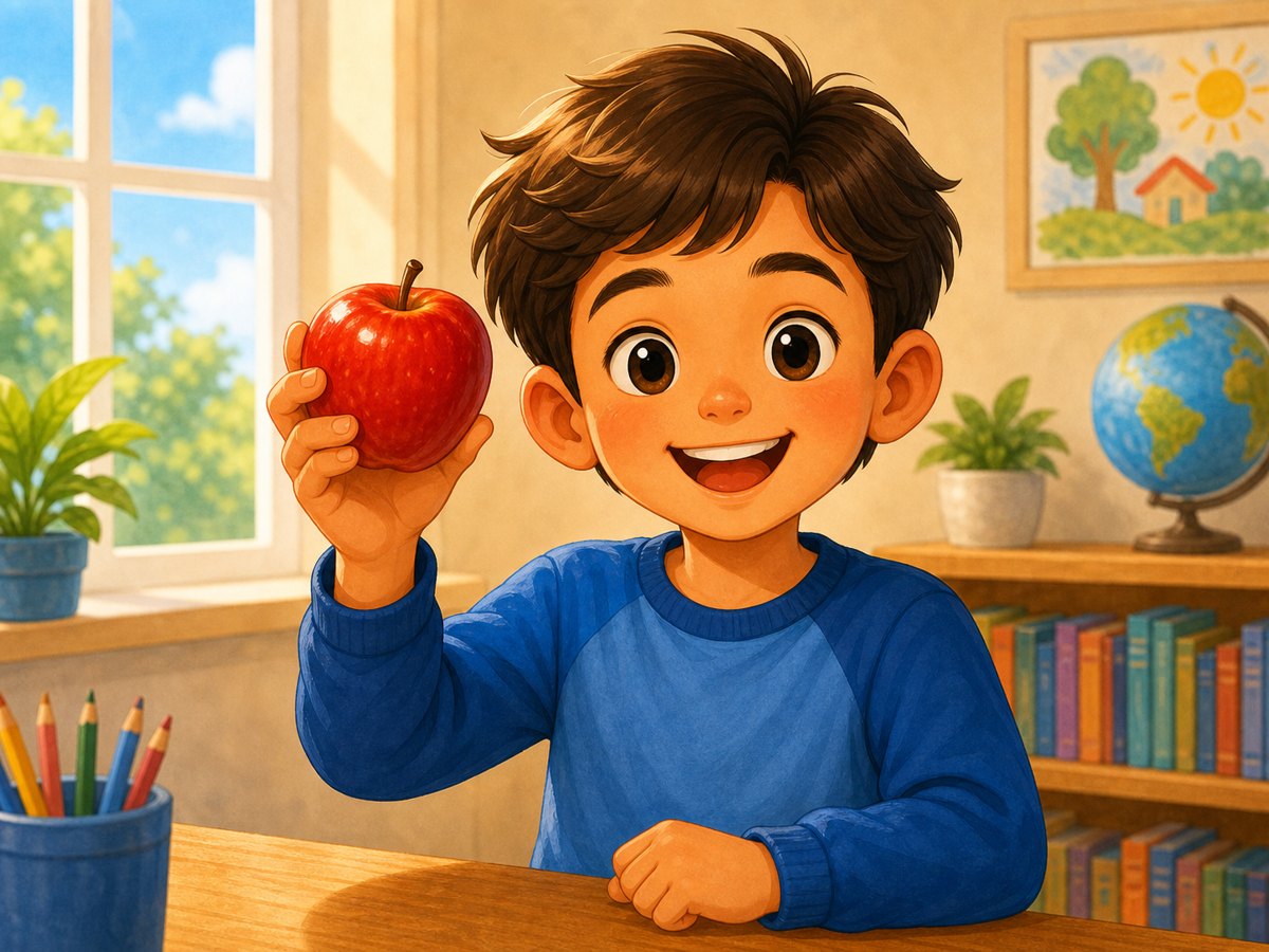 A child showing one apple