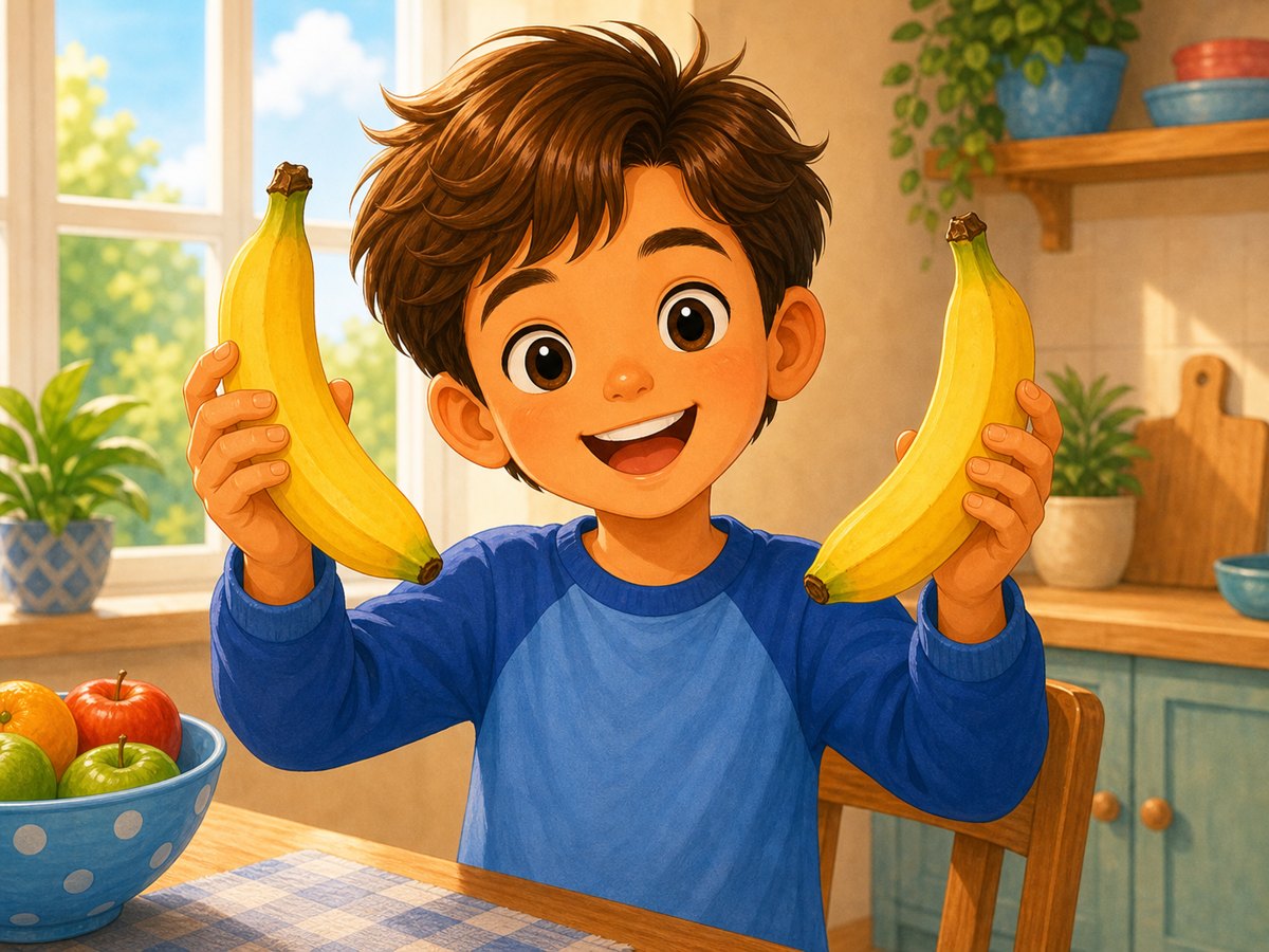 A child showing two bananas