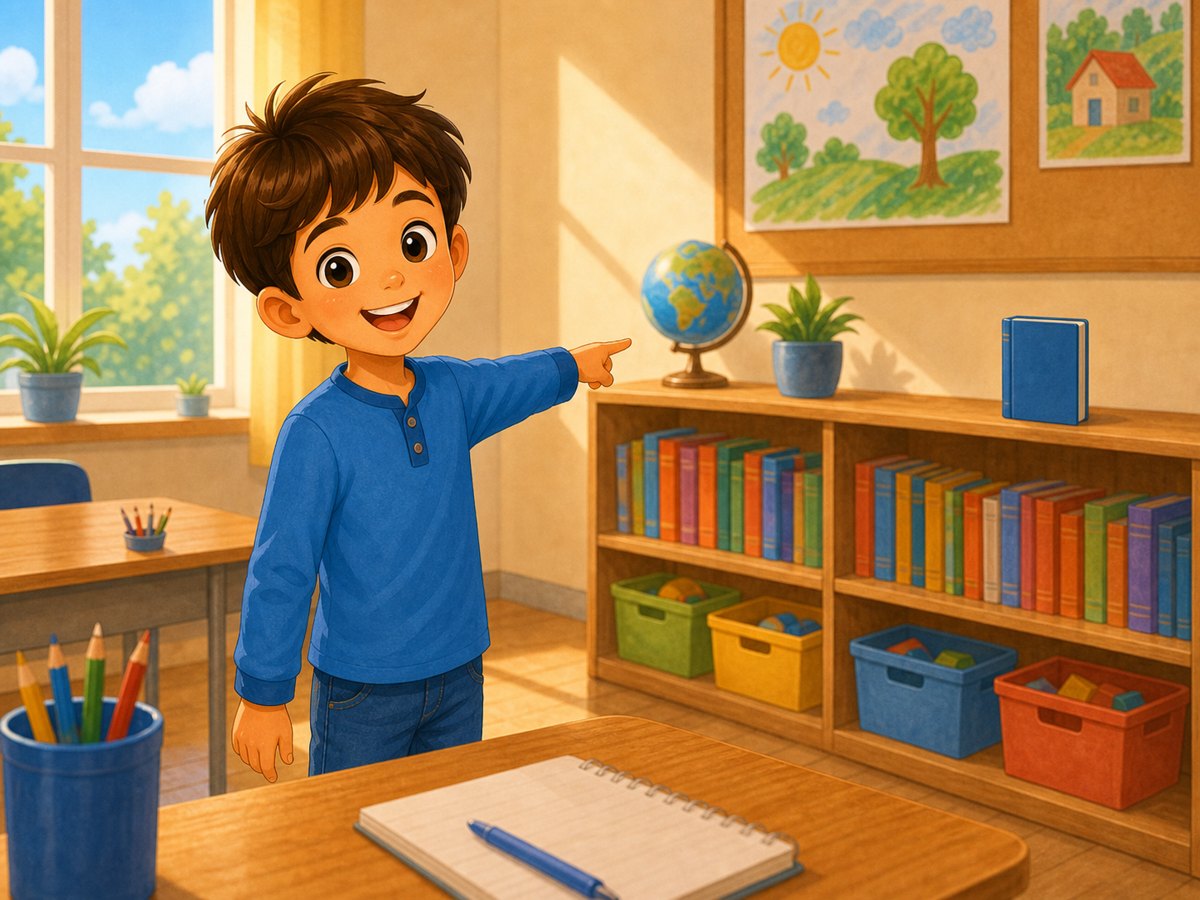 A child pointing to a book farther away