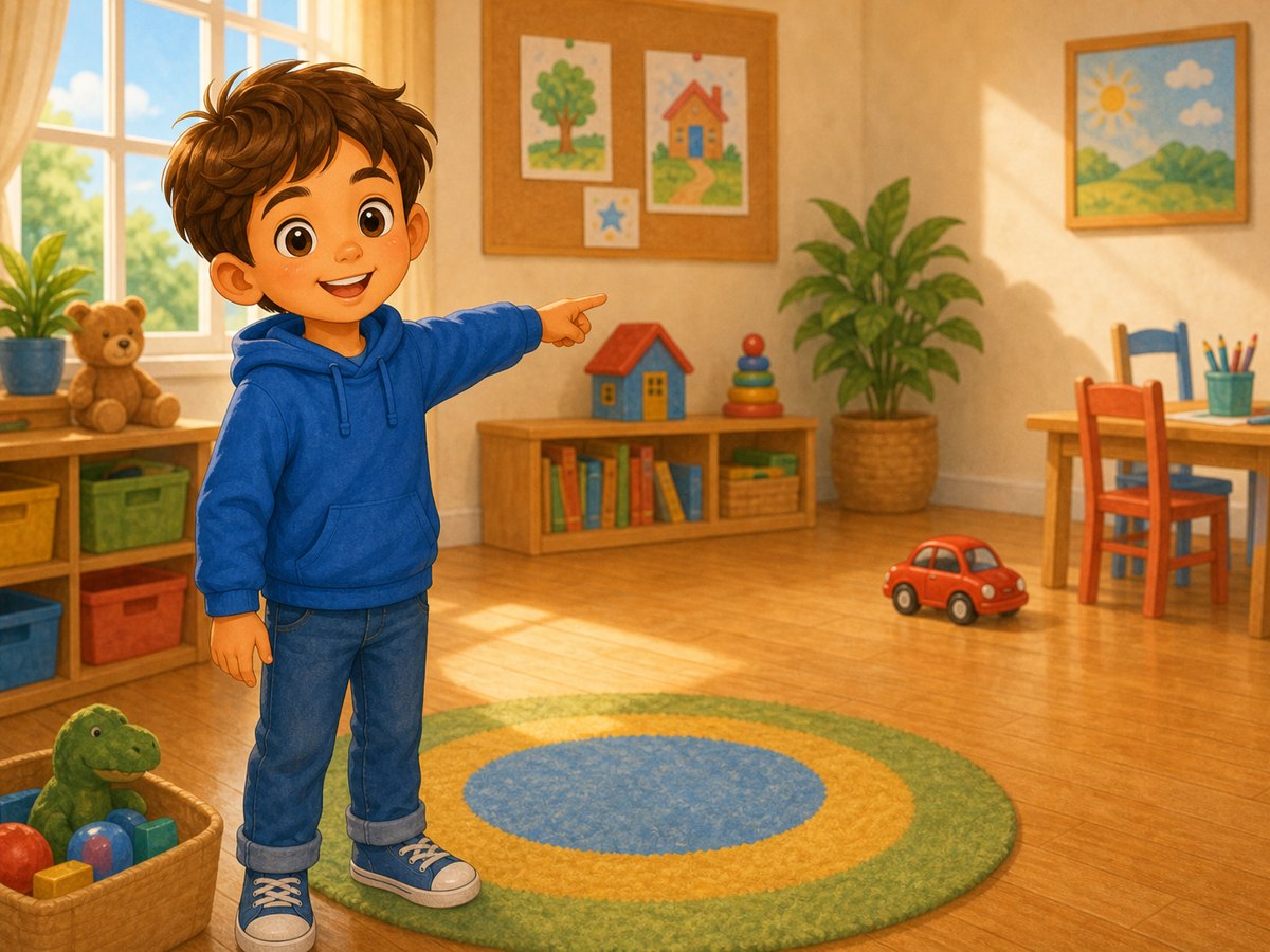 A child pointing to a toy car farther away