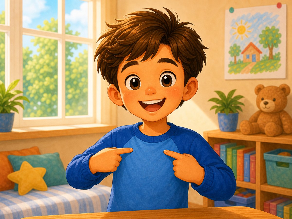 A happy child pointing to themselves