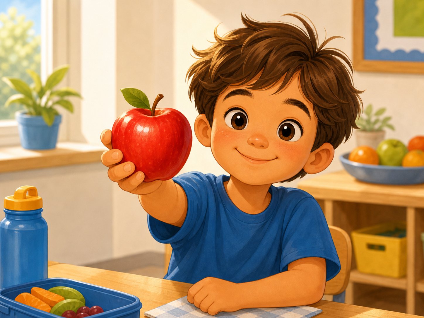 A child holding a red apple