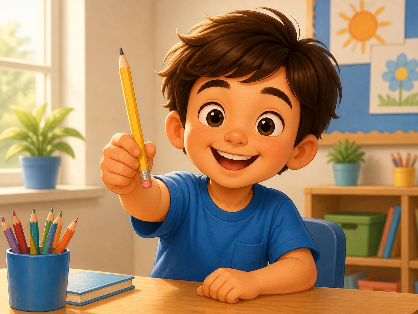 A child showing a pencil
