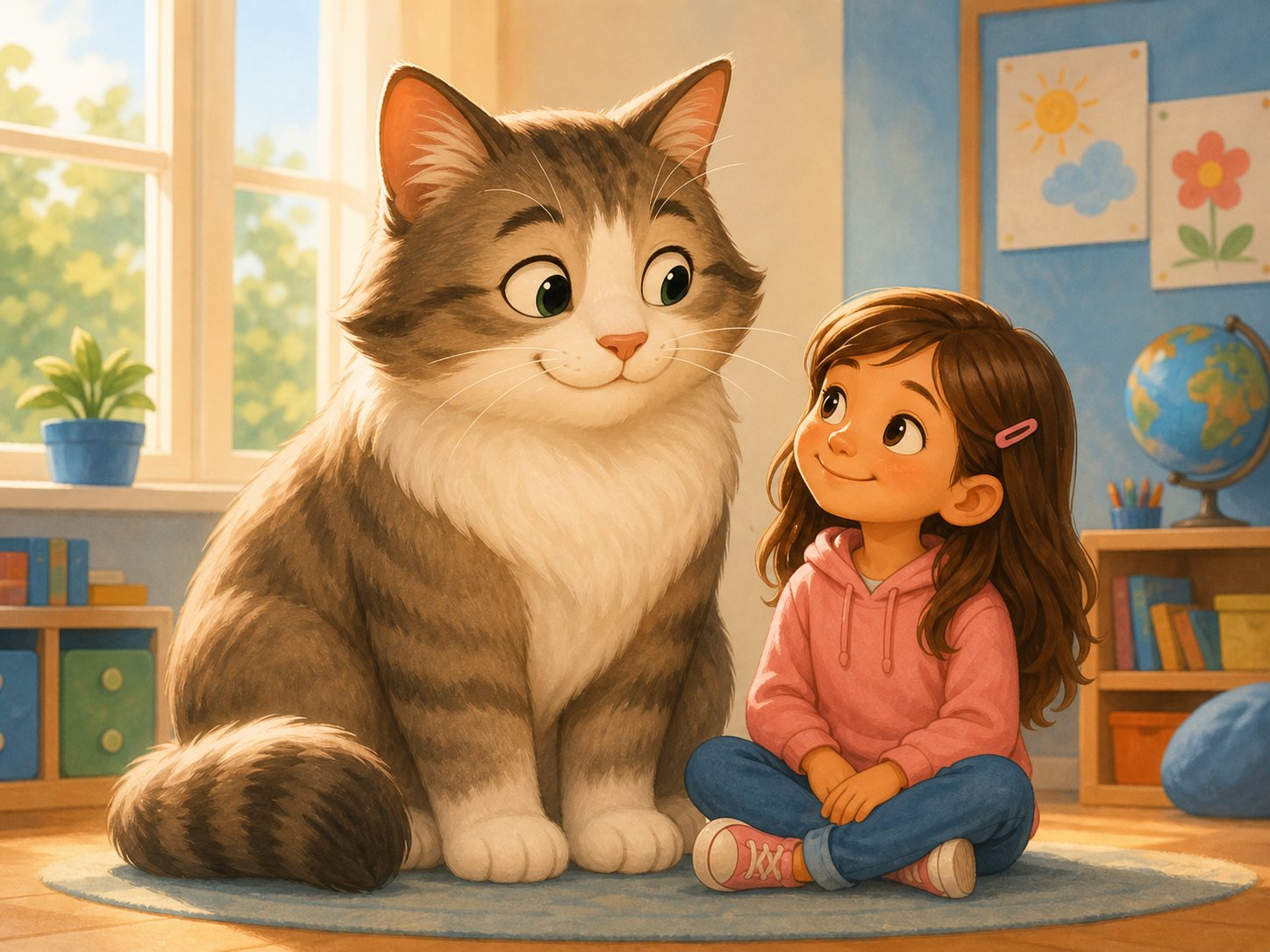 A big cat next to a girl