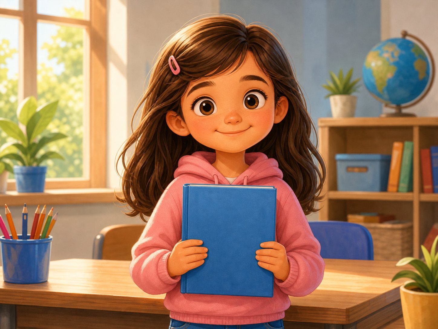A girl holding a blue book