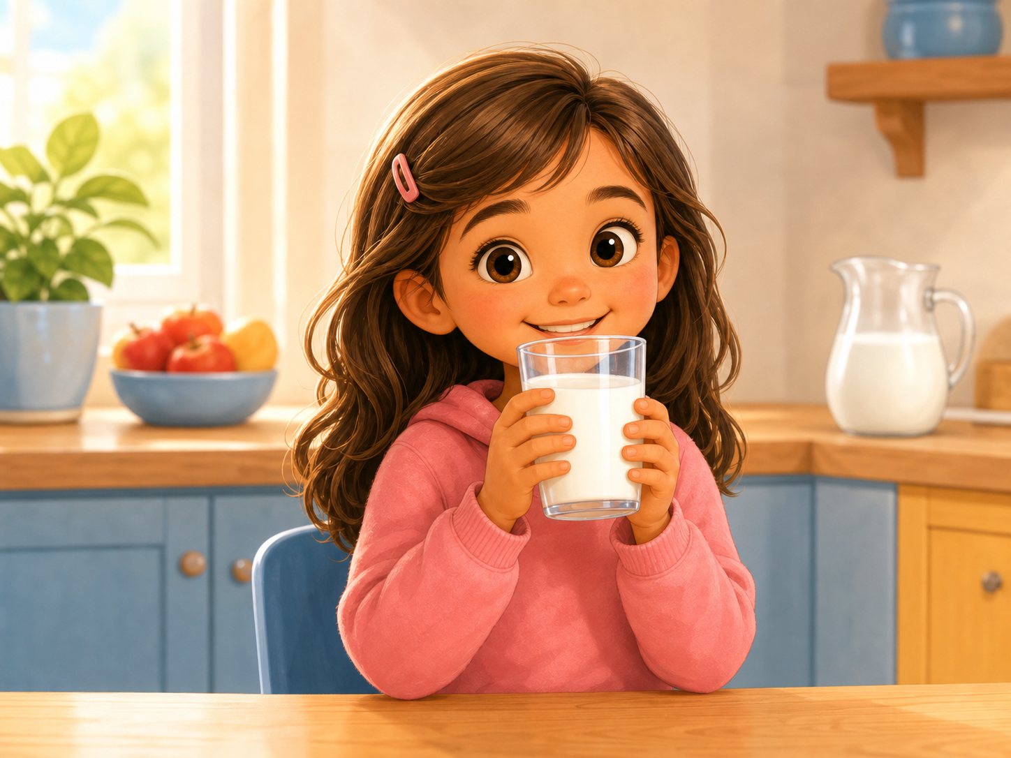 A girl with a glass of milk