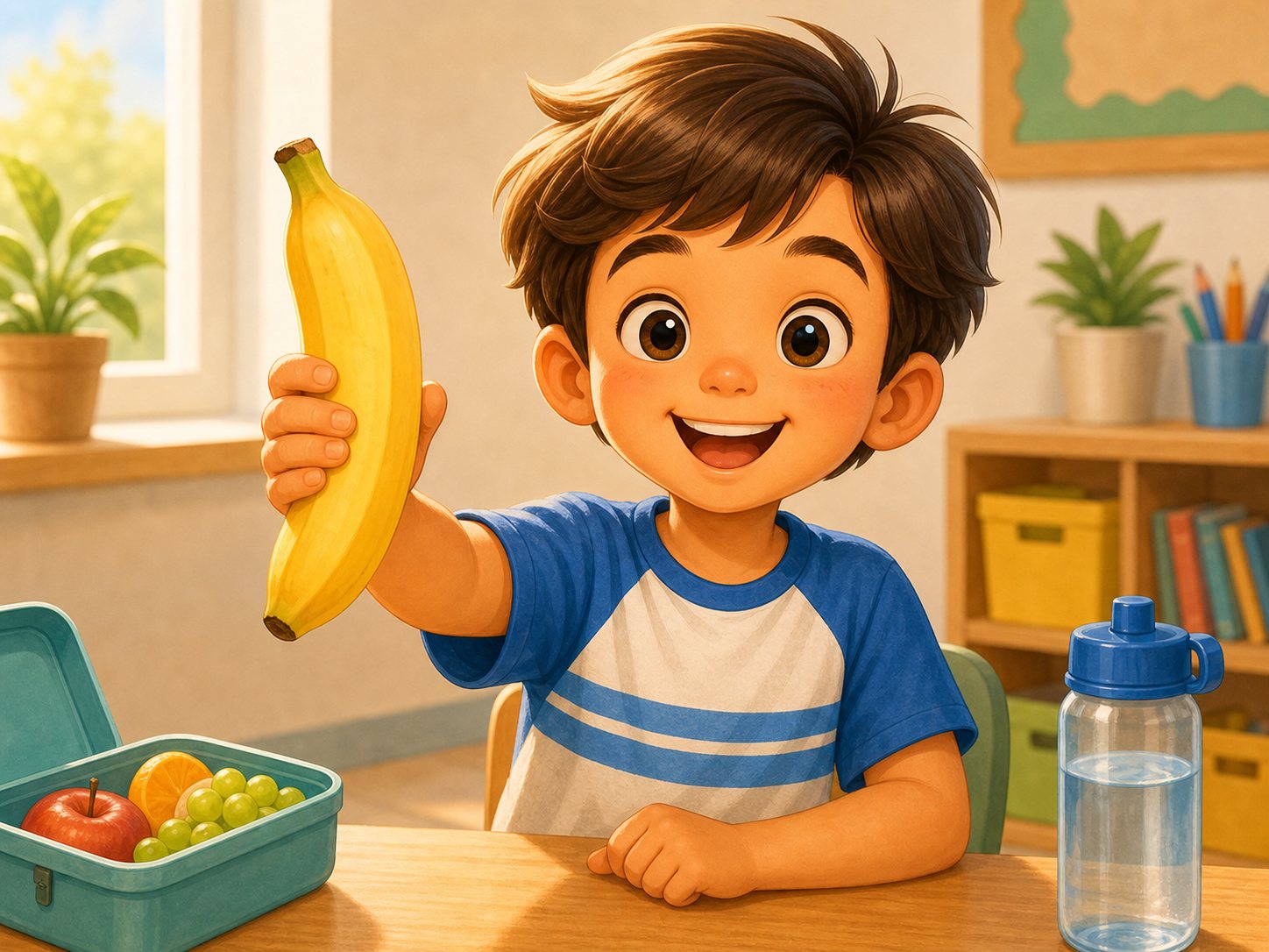 A child holding a banana