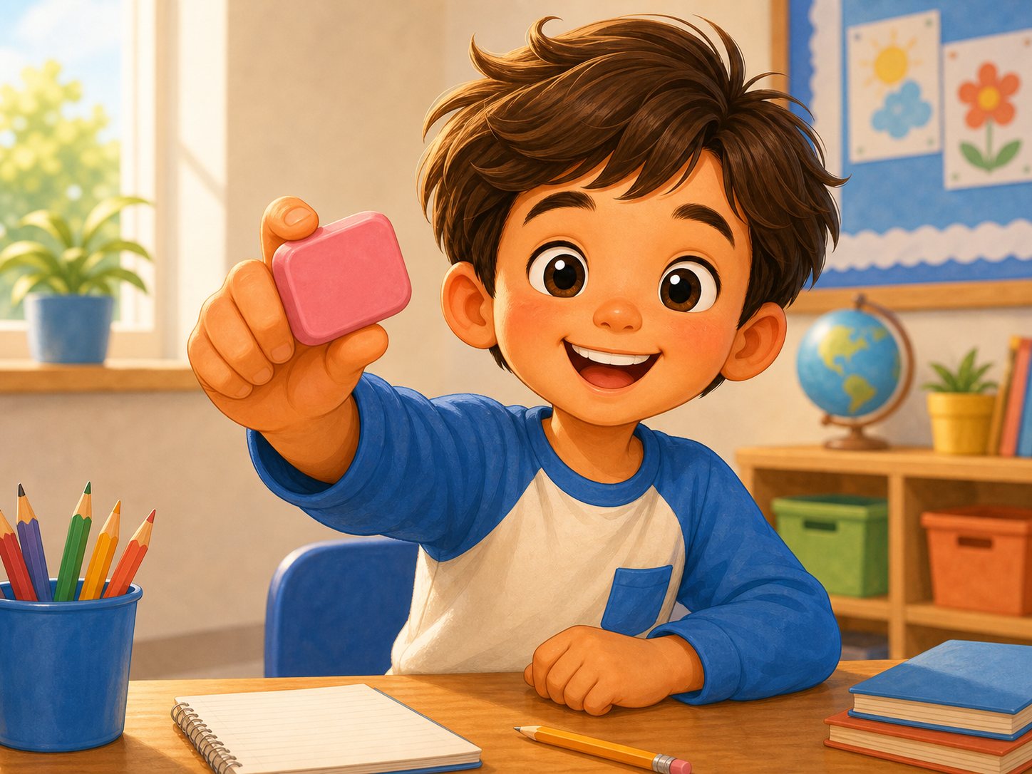 A child showing an eraser