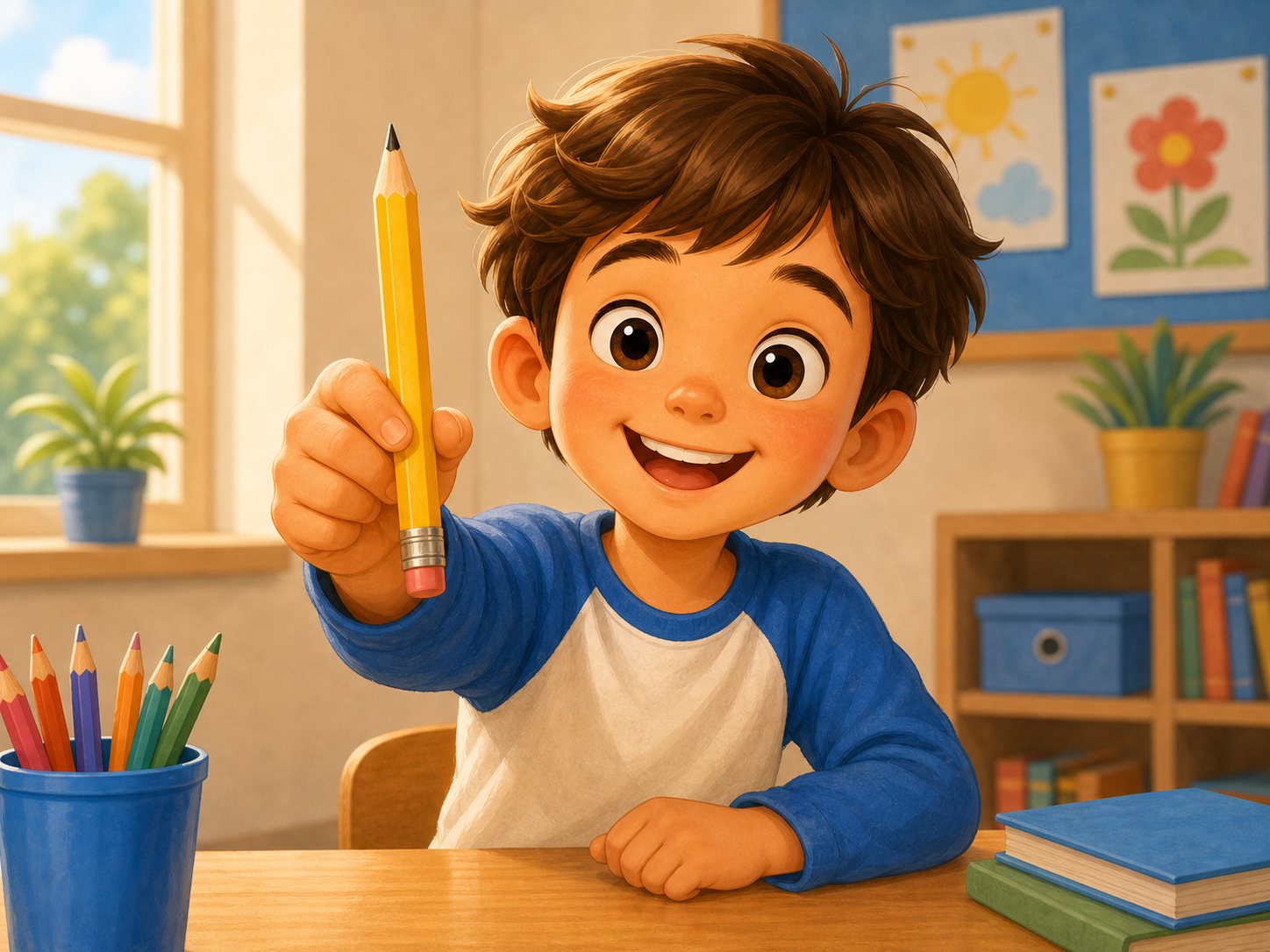 A child showing a pencil