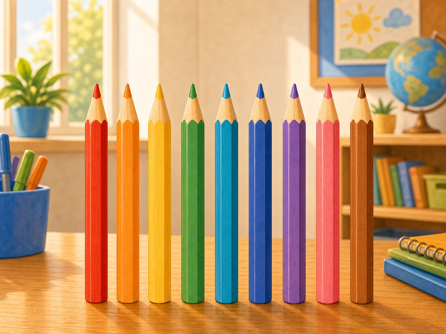 Nueve lapices de colores