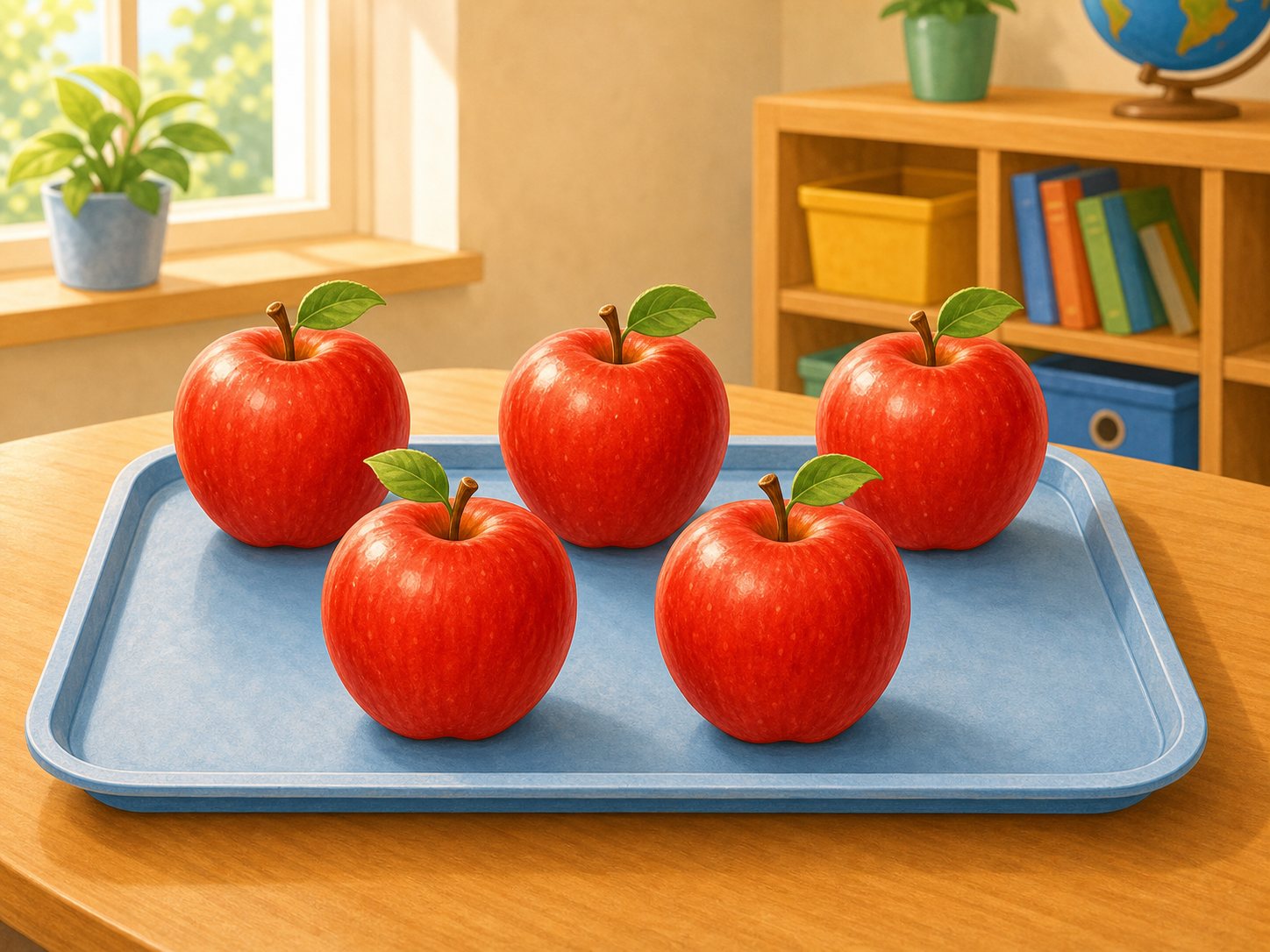 Cinco manzanas en una bandeja