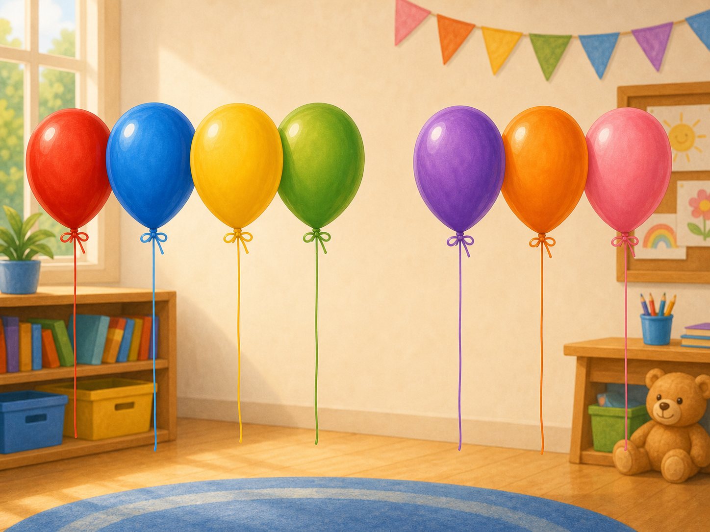 Cuatro globos en un grupo y tres globos en otro grupo