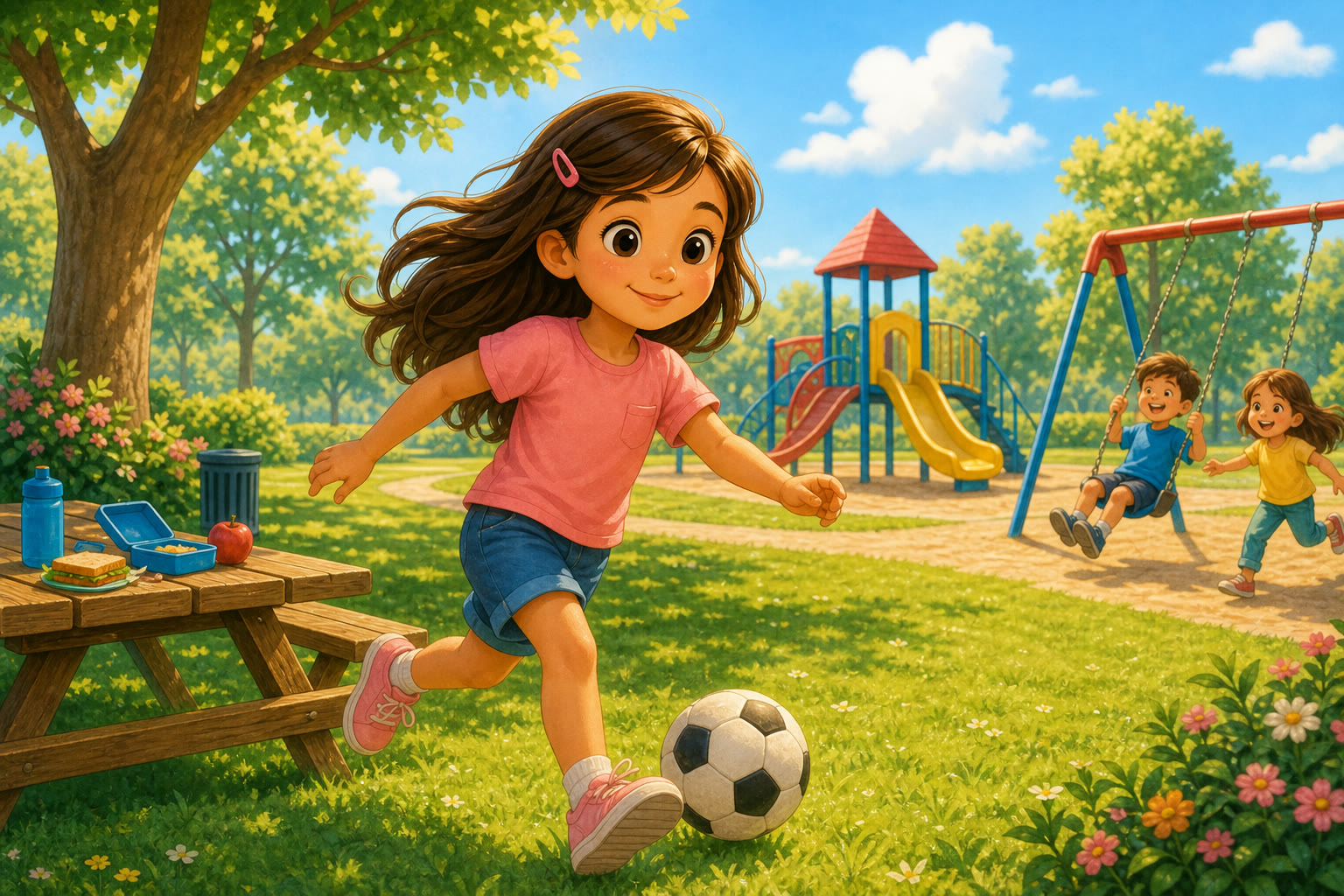 Una nina jugando en el parque despues de comer