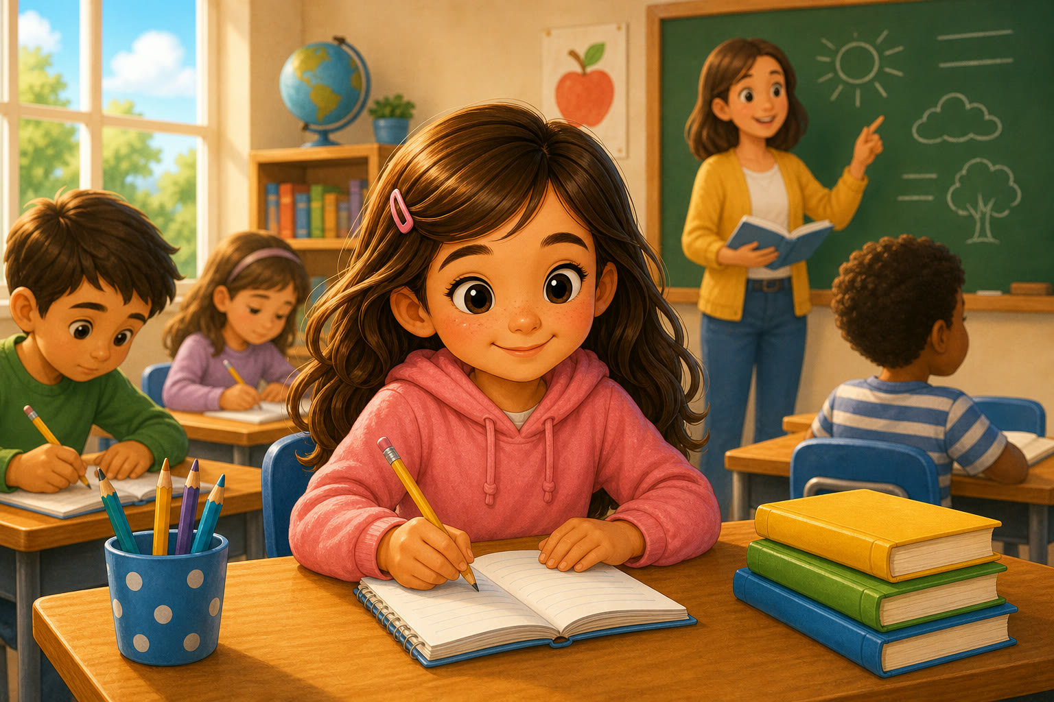 Una nina escribiendo en clase mientras la profesora ensena