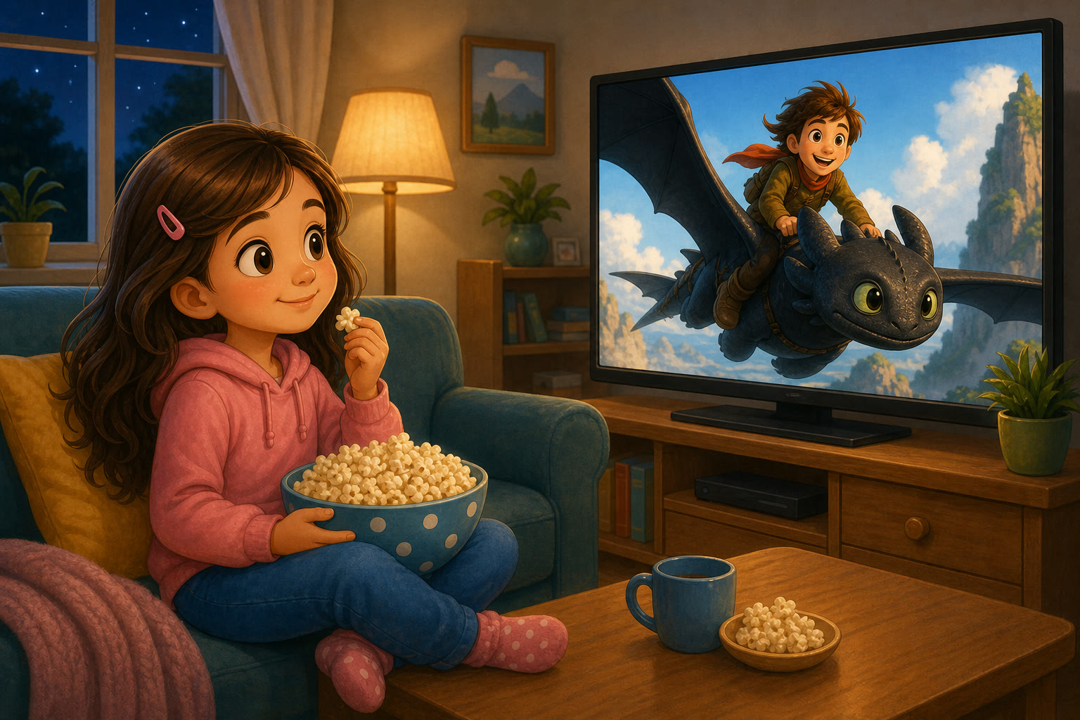 Una nina viendo una pelicula mientras come palomitas