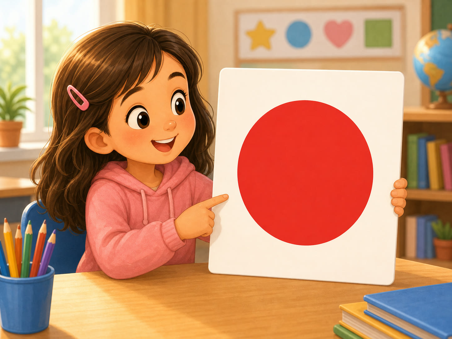 Una nina senala una tarjeta con un circulo rojo relleno
