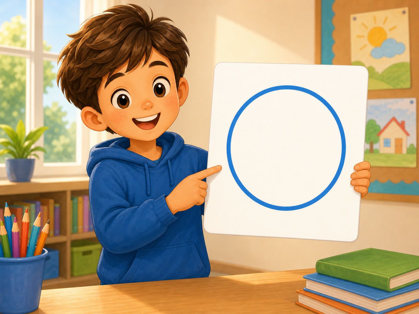 Un nino ensena una tarjeta con una circunferencia azul sin relleno
