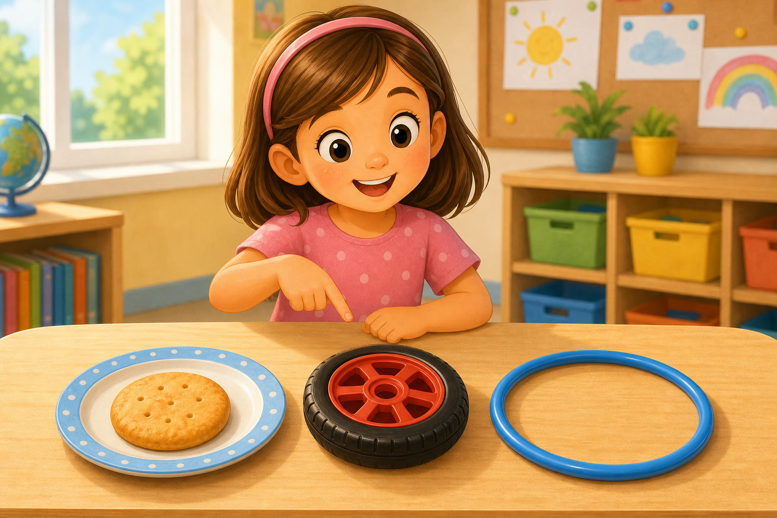 Una nina observa una galleta redonda, una rueda y un aro azul