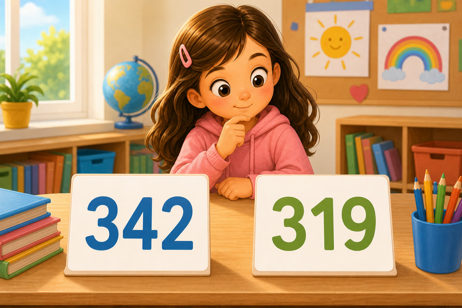 Una nina compara los numeros 342 y 319