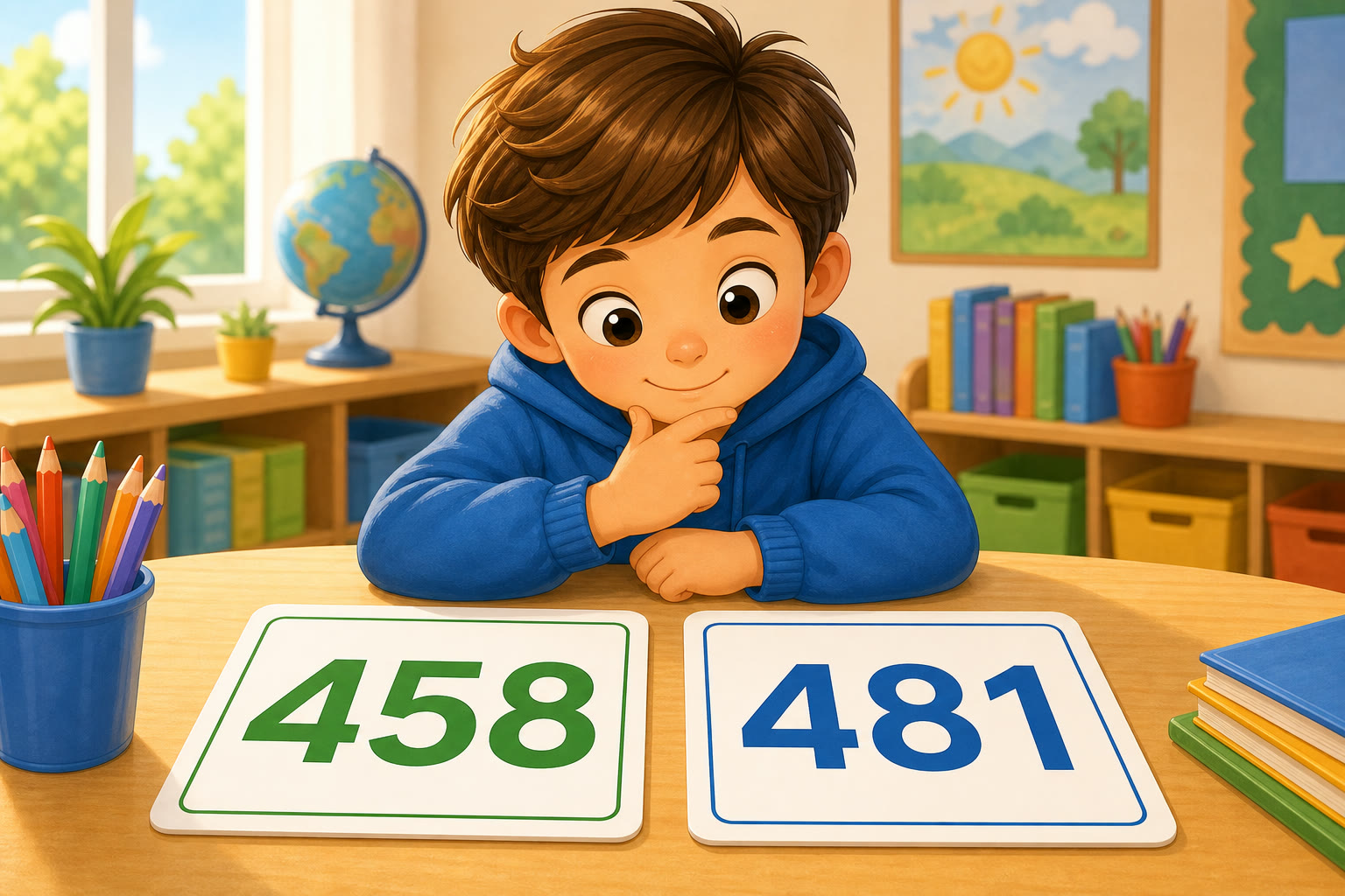 Un nino compara los numeros 458 y 481