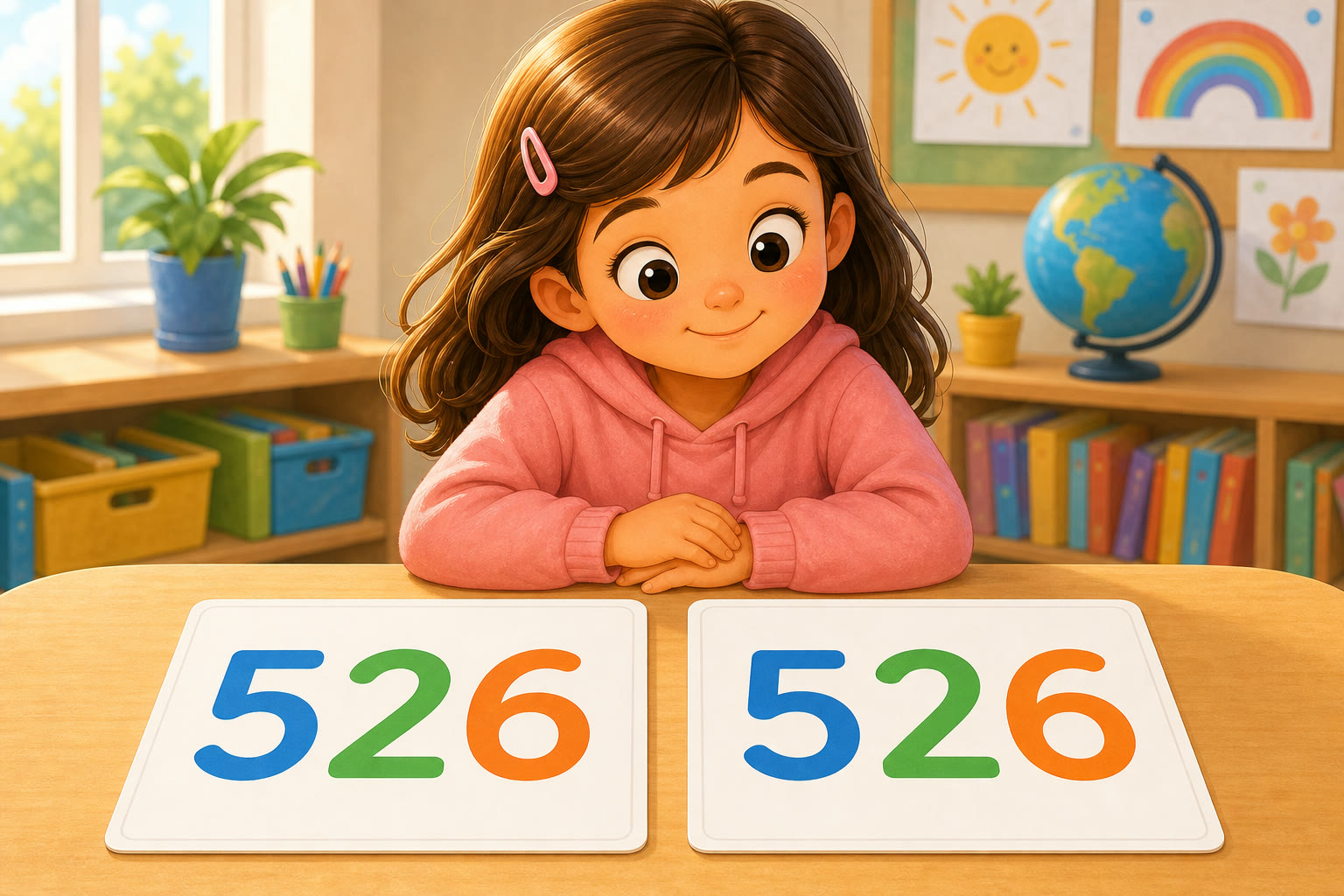 Una nina observa dos tarjetas iguales con el numero 526
