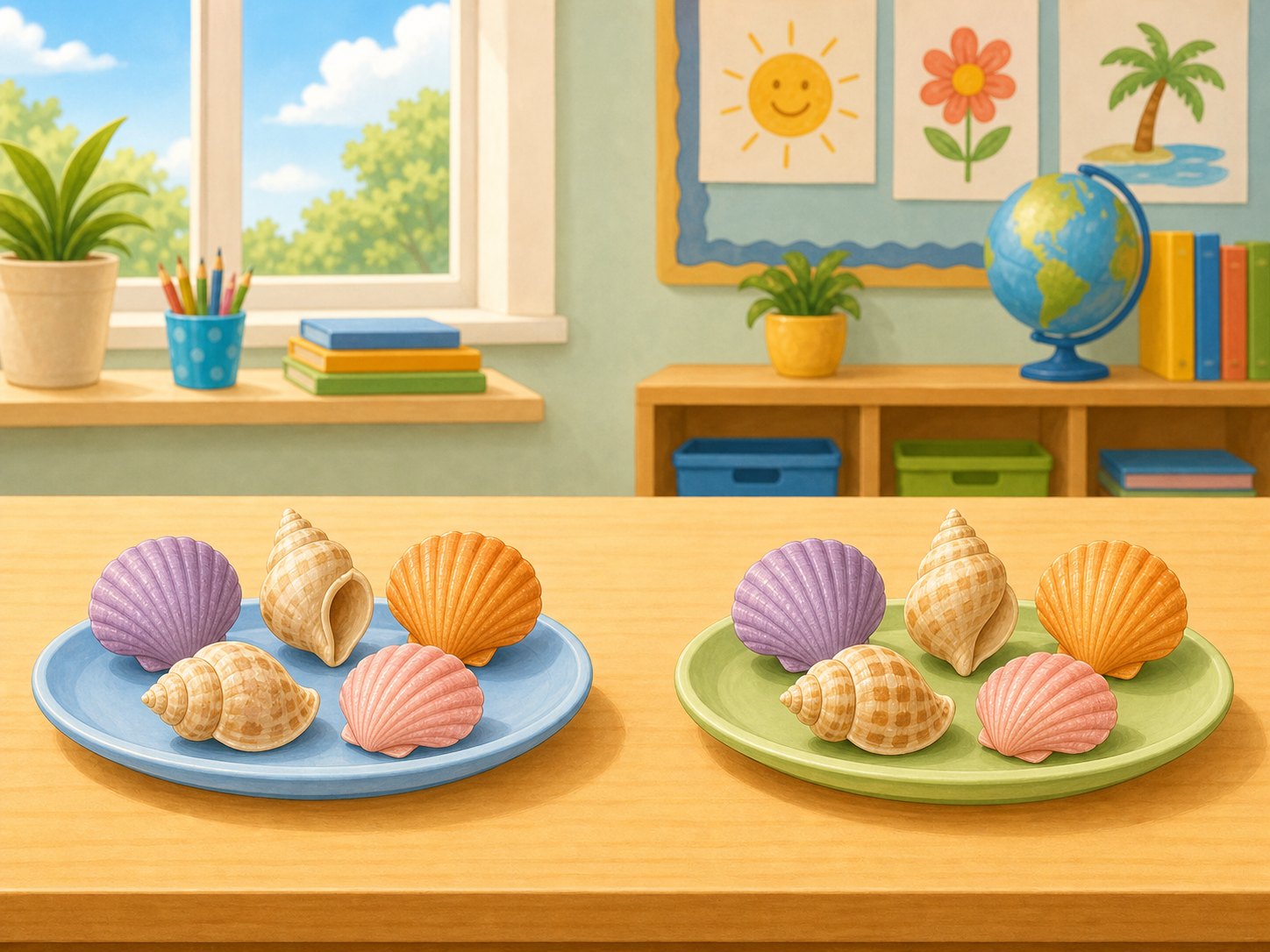 Cinco conchas en un grupo y cinco conchas en otro grupo