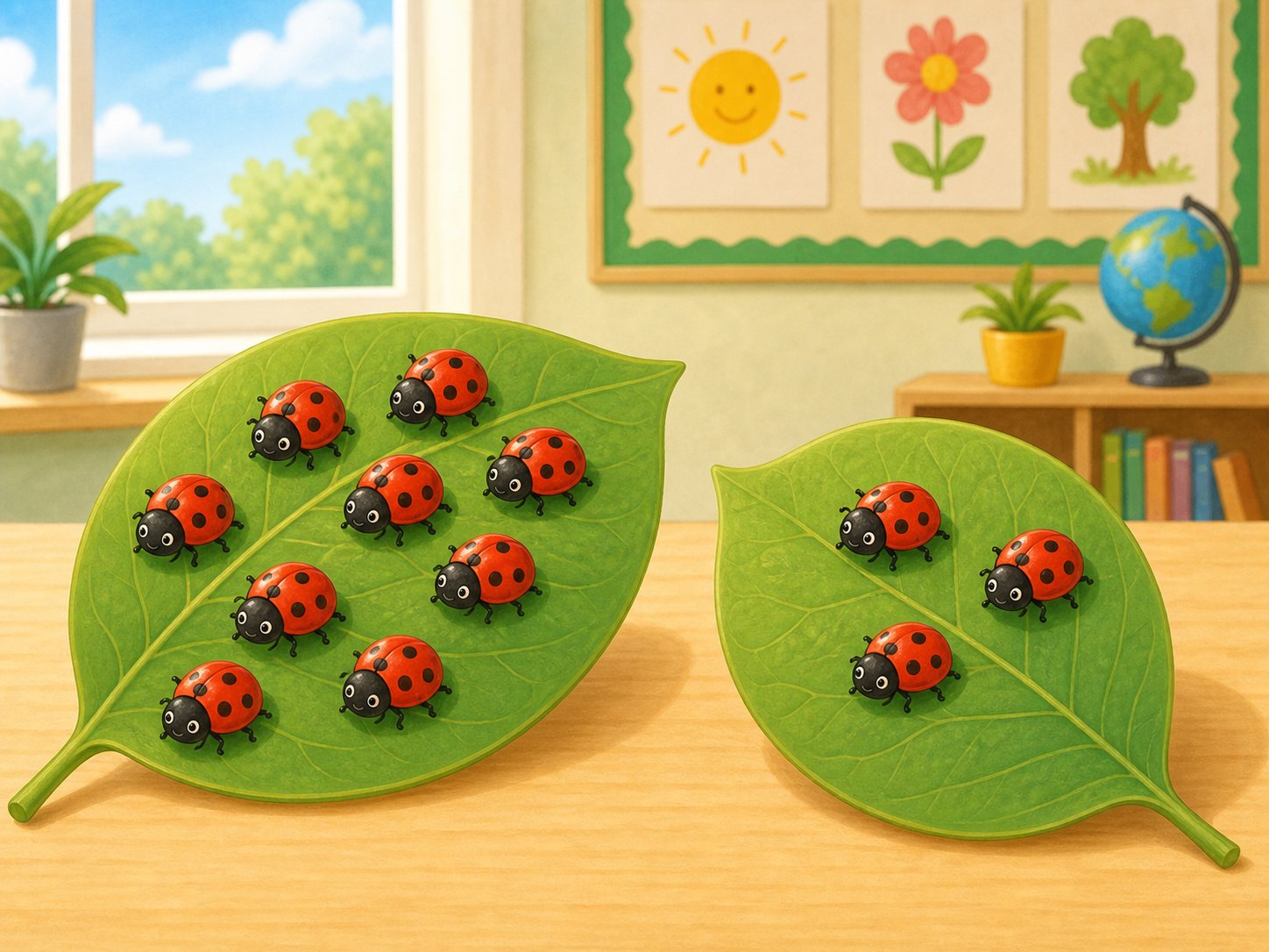 Nueve mariquitas en un grupo y cuatro mariquitas en otro grupo