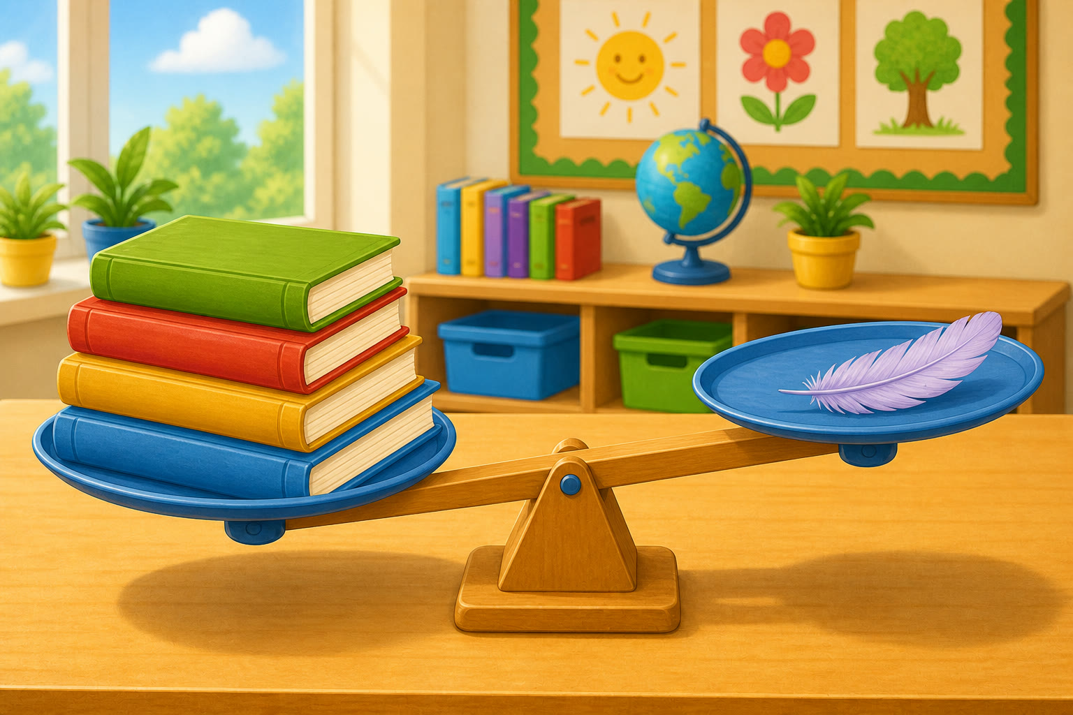 Una pluma y varios libros en una balanza donde la pluma pesa menos