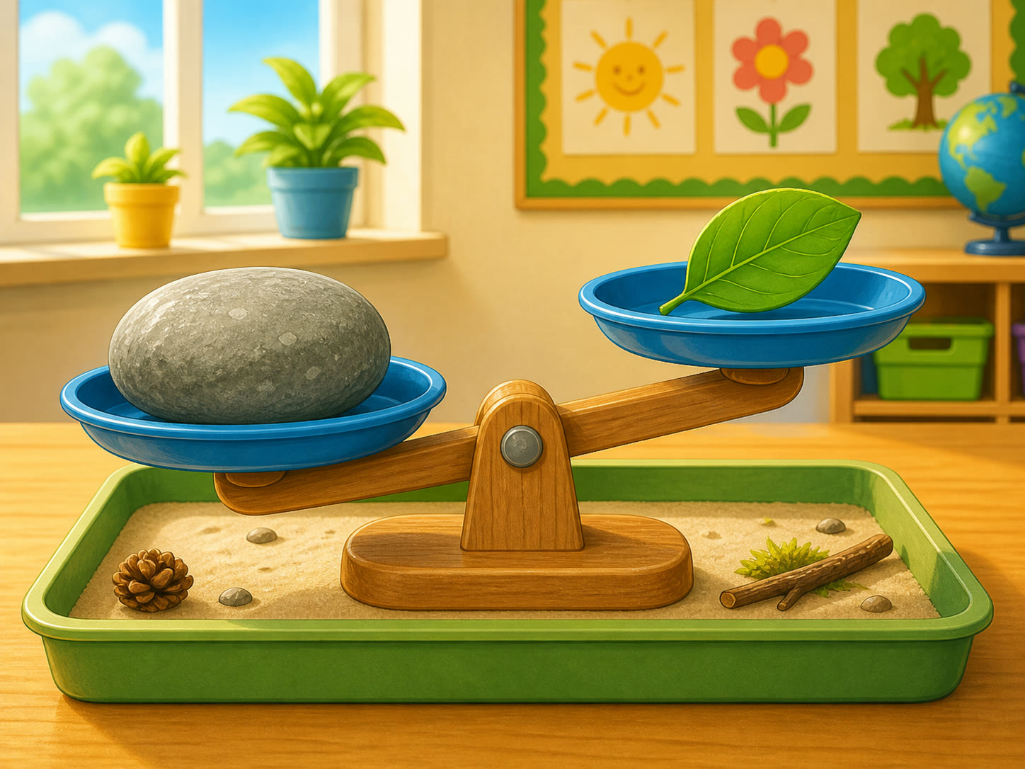 Una piedra y una hoja en una balanza donde la piedra pesa mas