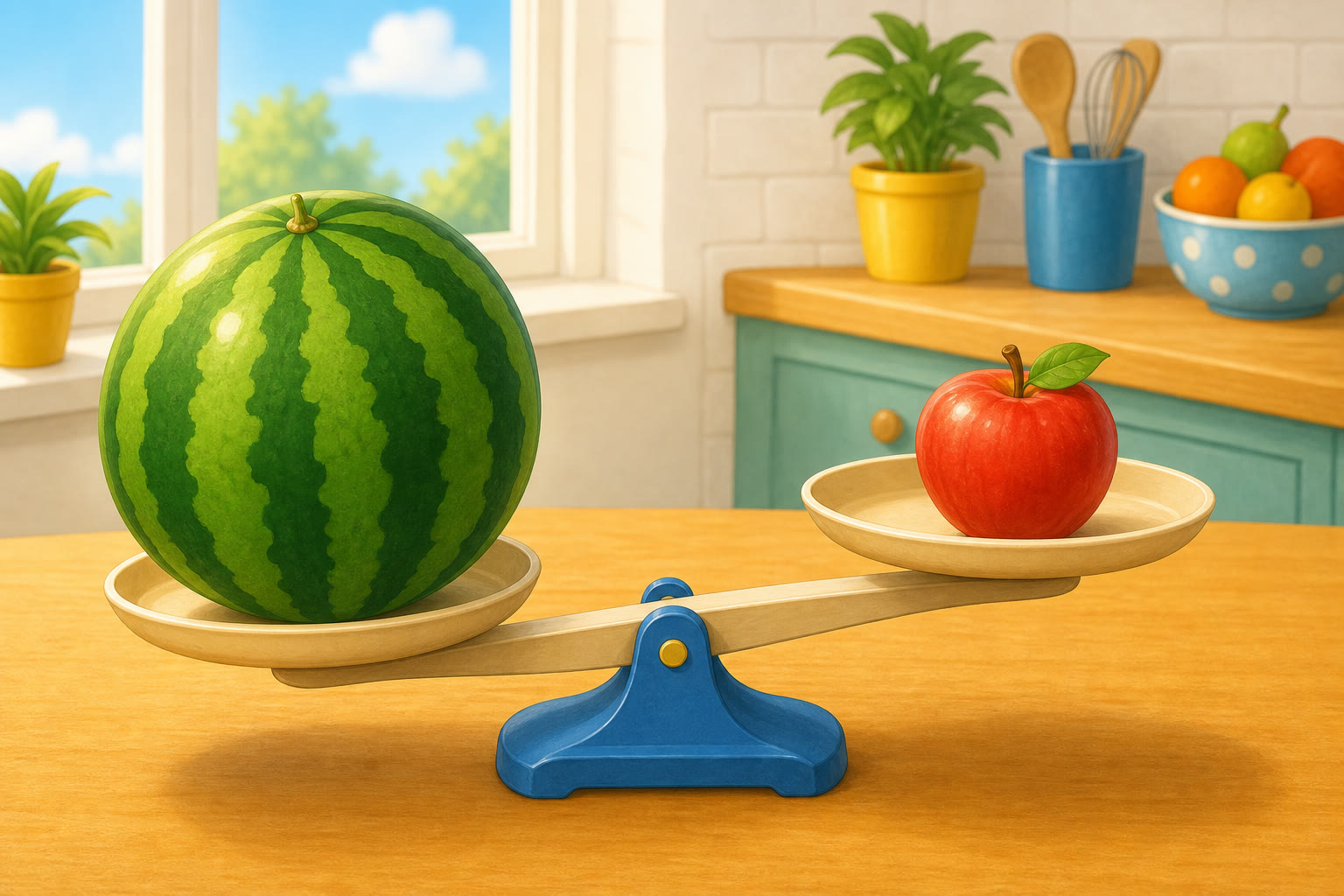 Una sandia y una manzana en una balanza donde la manzana pesa menos