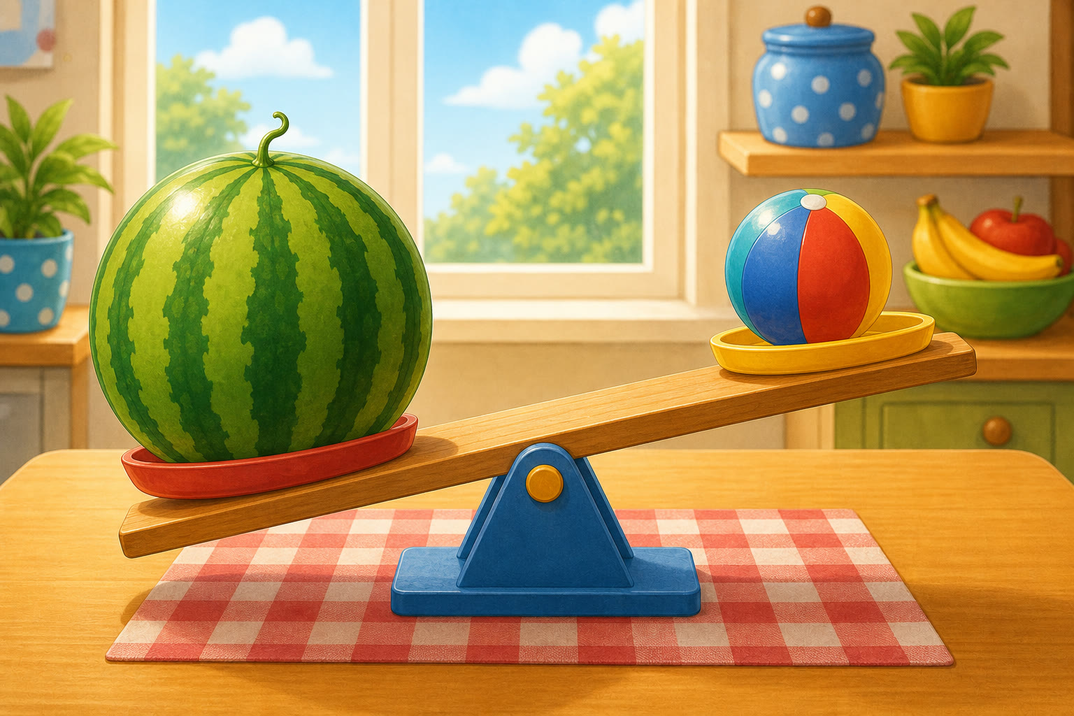 Una sandia y una pelota en una balanza donde la sandia pesa mas